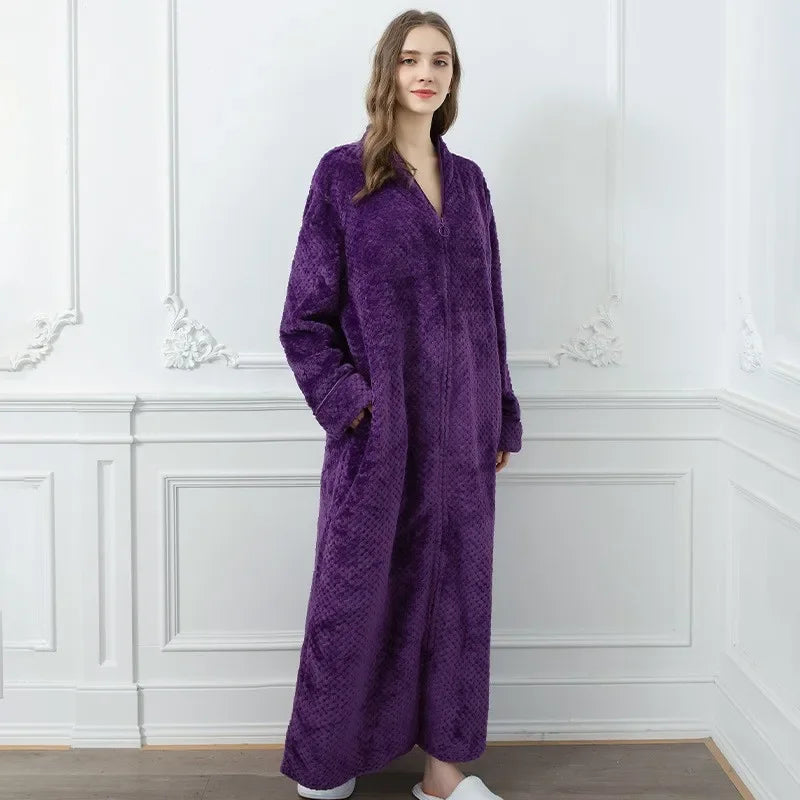 New Women Winter Extra Long Warm Jacquard Flannel Bathrobe Pregnant Zipper Plus Size Dressing Gown Lounge Coral Fleece Bath Robe