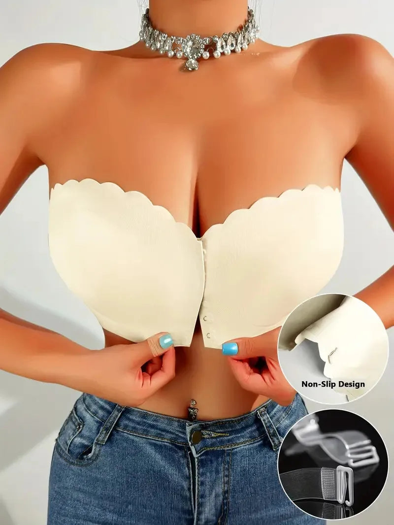 Solid Seamless Strapless Front Closure Wireless Strapless Bra, Sexy Comfy Push Up Bra, Women&