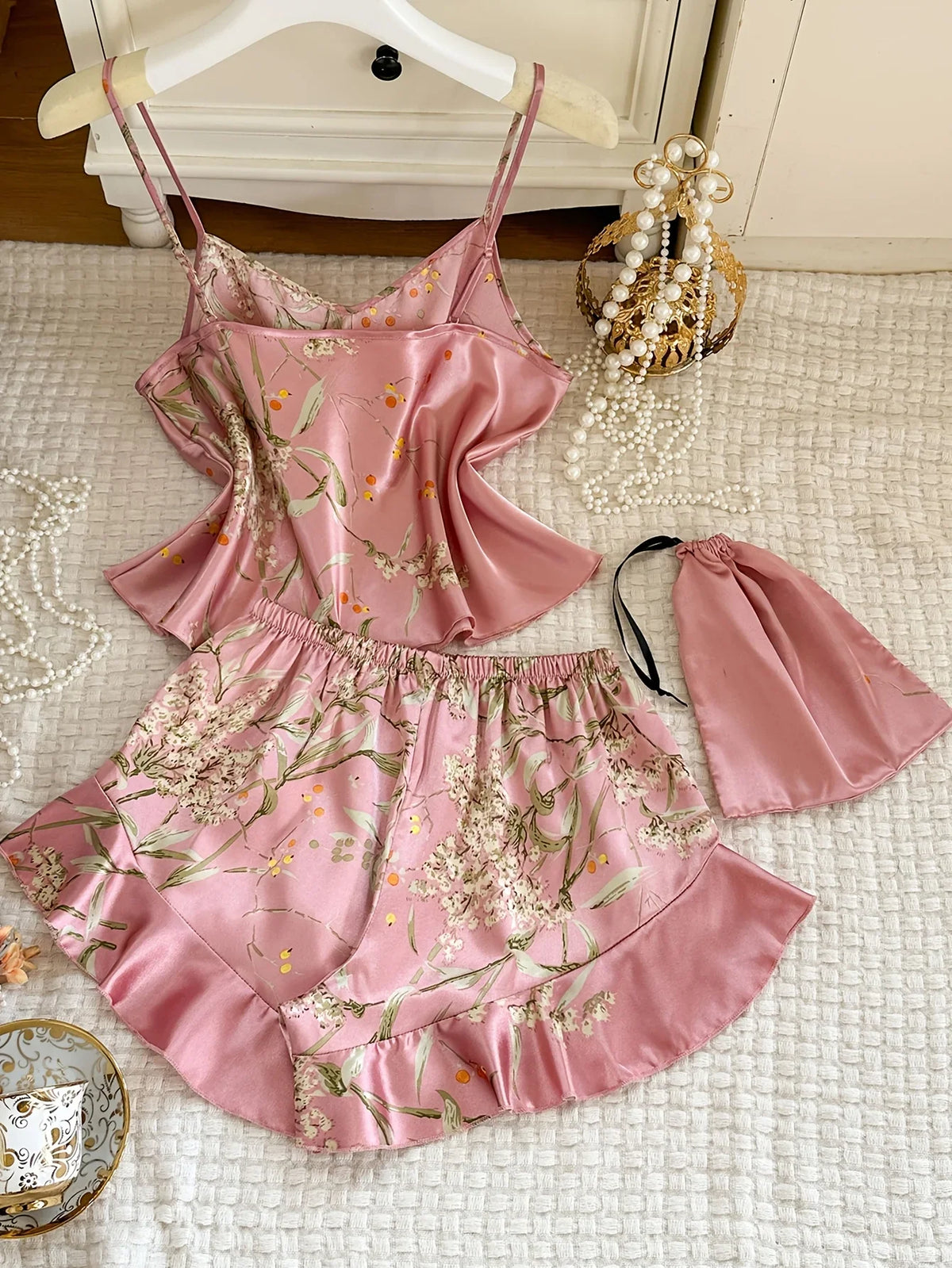 New Women Satin Pajama Set Cherry Print V Neck Top Ruffle Shorts Versatile Outfit Wearable Outside Elegant Sleepwear