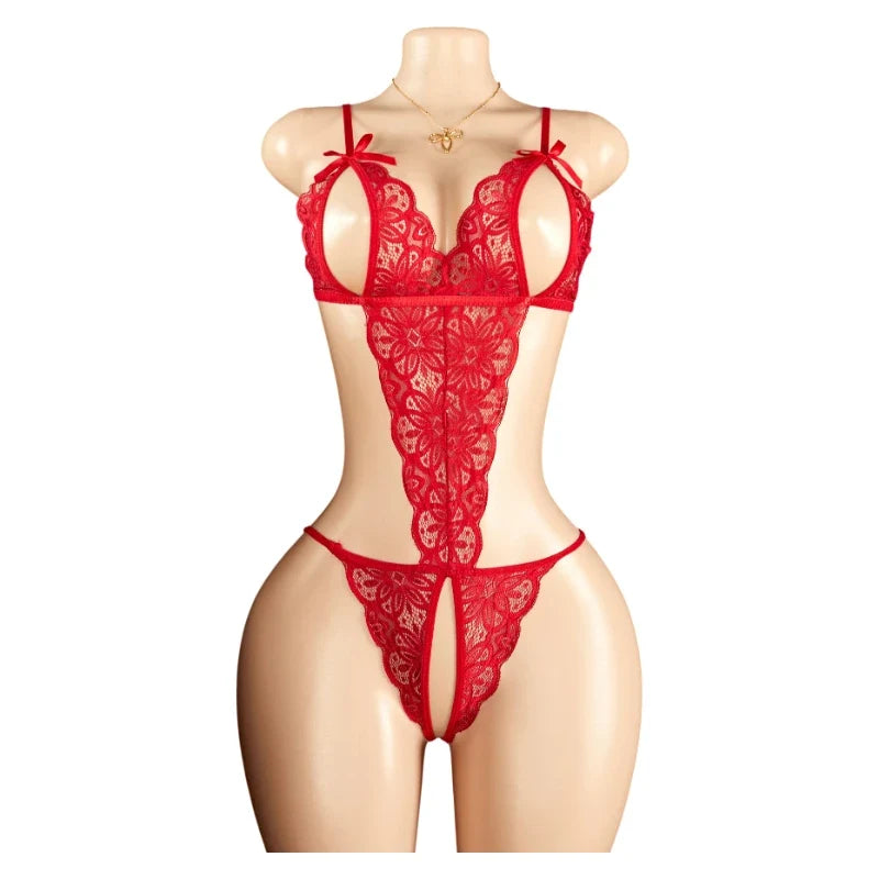 Sexy Red Crotchless Lingerie Open Back Bras BodySuits Transparent Erotic Costumes Deep V Sexy Lace Fishnet Hollow Underwear Set
