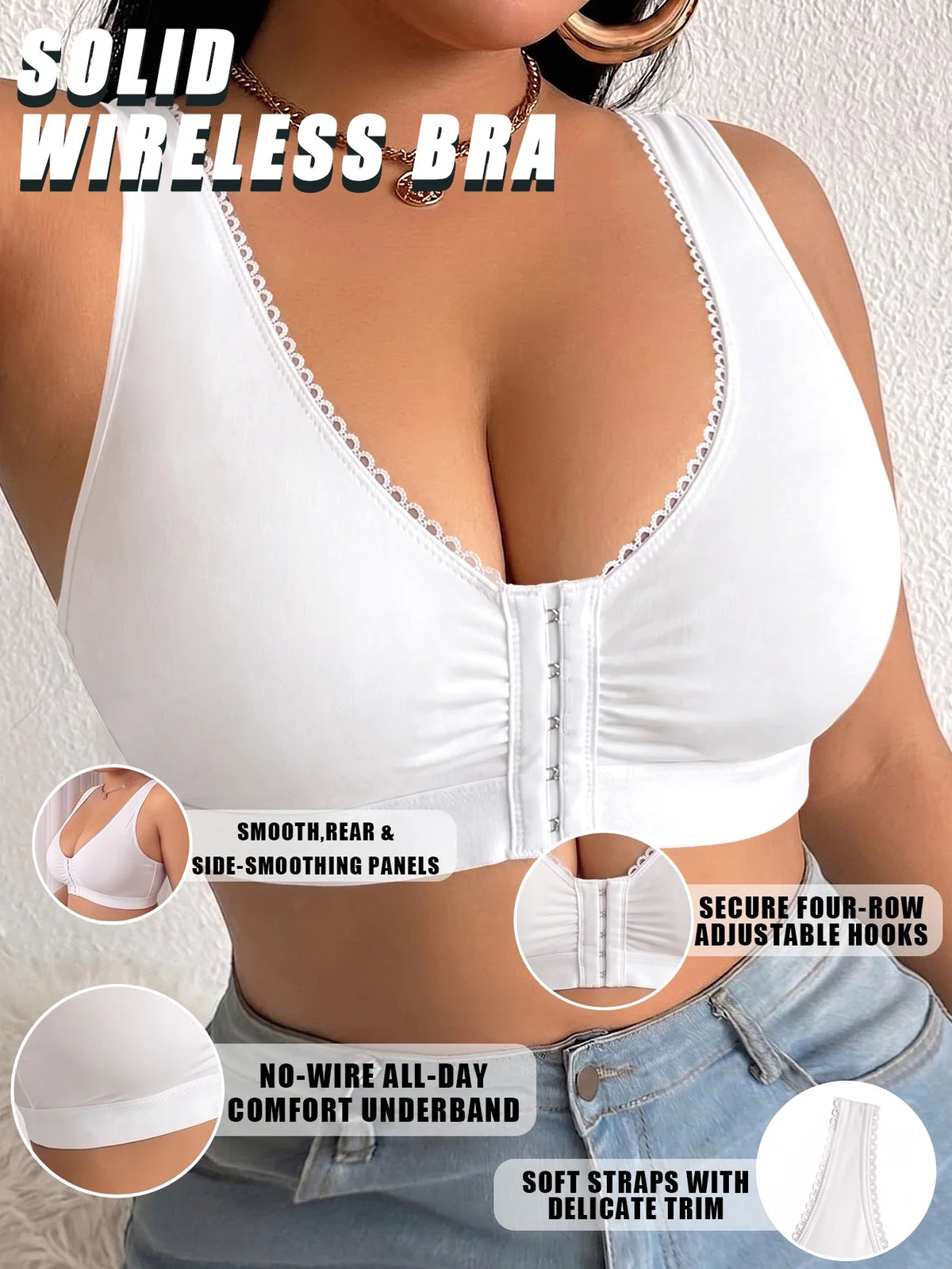 Full Cup Plus Size Women Bra Front Closure Wireless Unlined Thin Cup Gathering Brassiere Comfort Side Support Everyday Bra