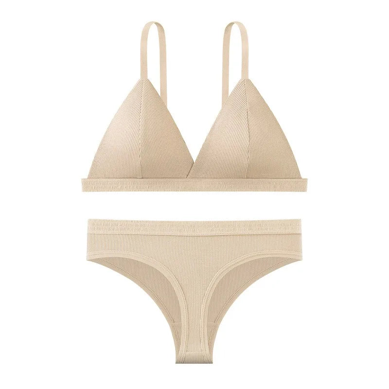 Women Cotton Bra and Panties Set Wireless Push-Up Bra Low-Waist Thongs G-string Sexy Lingerie Women&