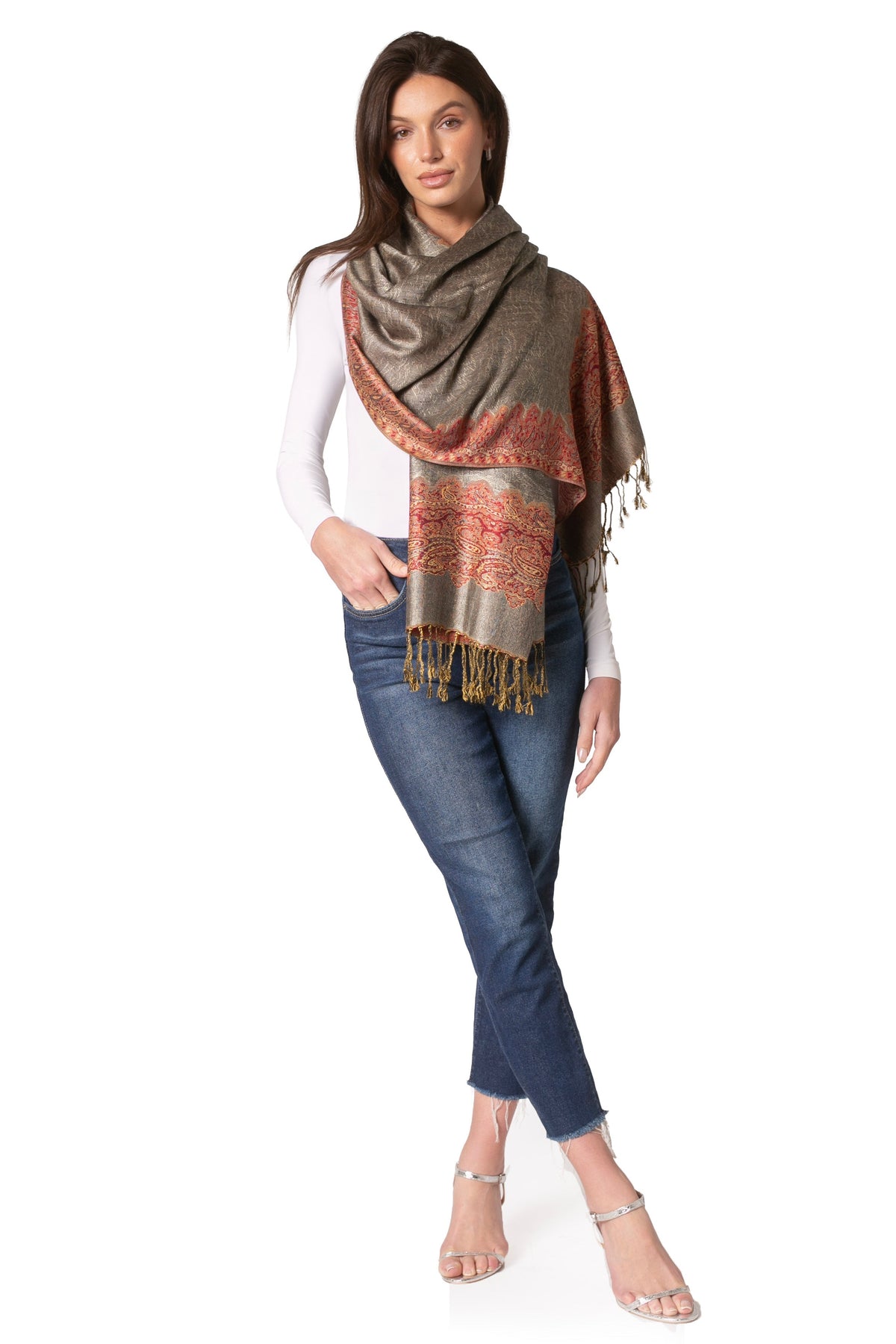 Sakkas 70" x 28" Border Pattern Layered Woven Pashmina Shawl Scarf Wrap Stole