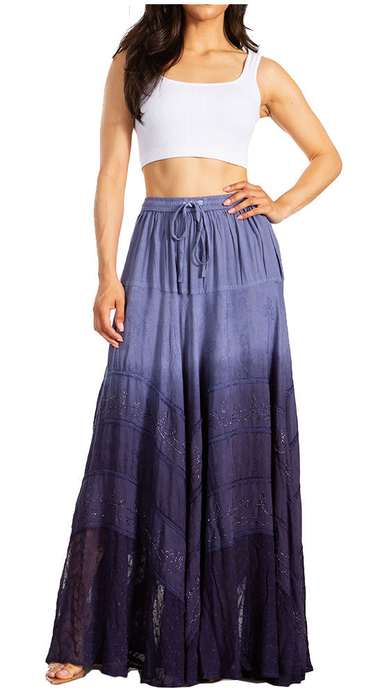 Sakkas Lyra Womens Bohemian Soft Brocade Rayon Tiered Embroidered Flowy Long Skirt