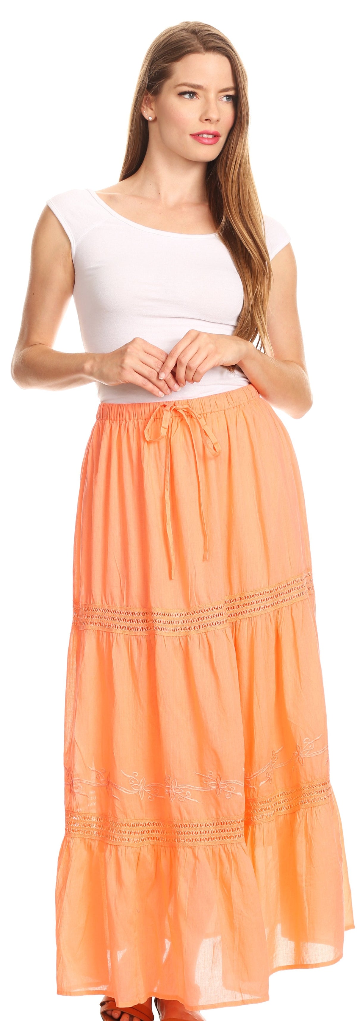 Sakkas Takara Maxi Broomstick Cascading Peasant Skirt with Elastic Waist