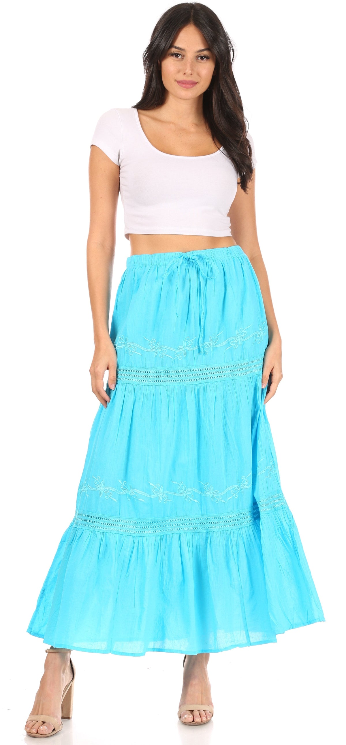 Sakkas Takara Maxi Broomstick Cascading Peasant Skirt with Elastic Waist