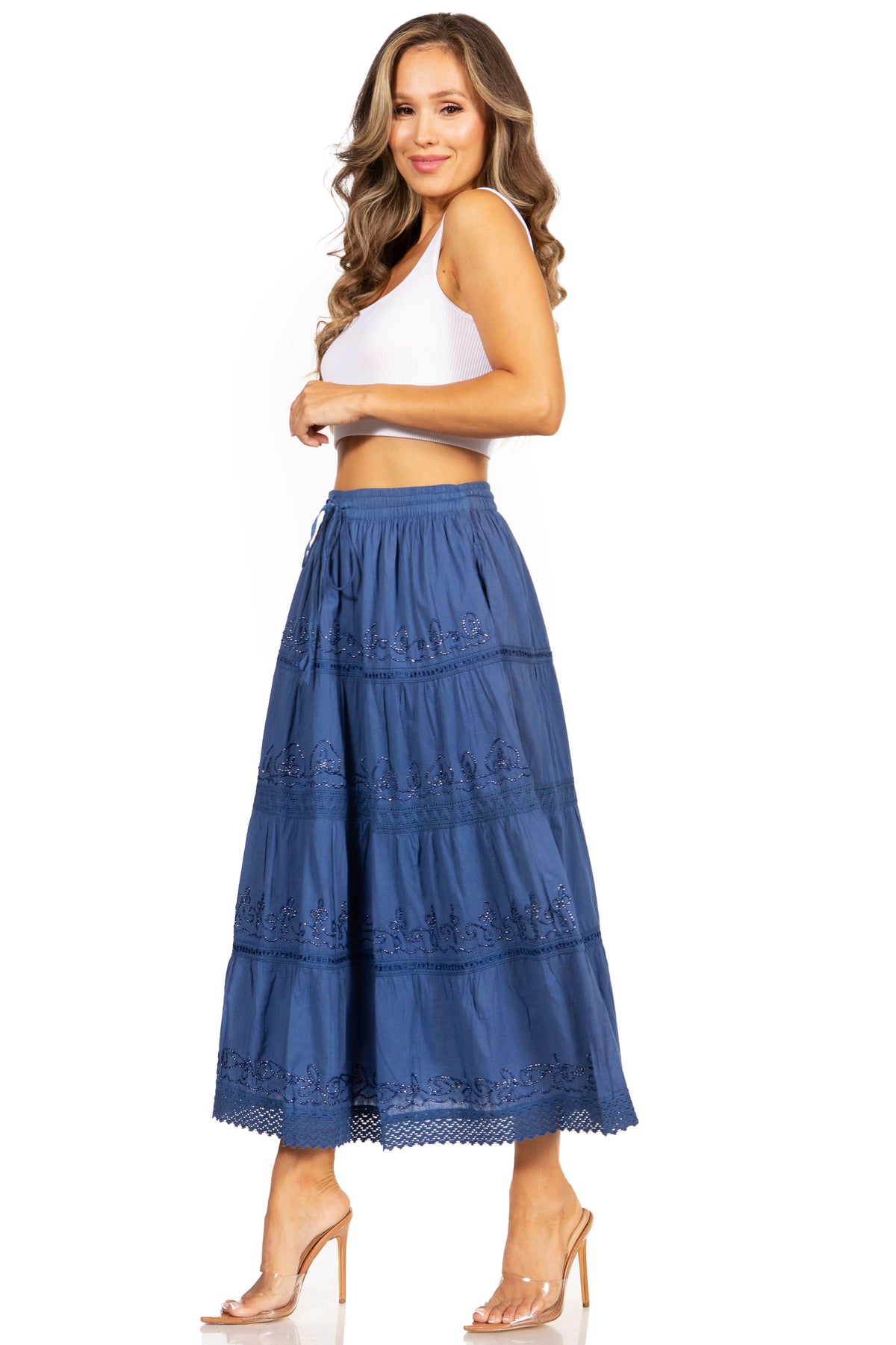 Sakkas Solid Embroidered Crochet Lace Trim Gypsy Bohemian Mid Length Cotton Skirt