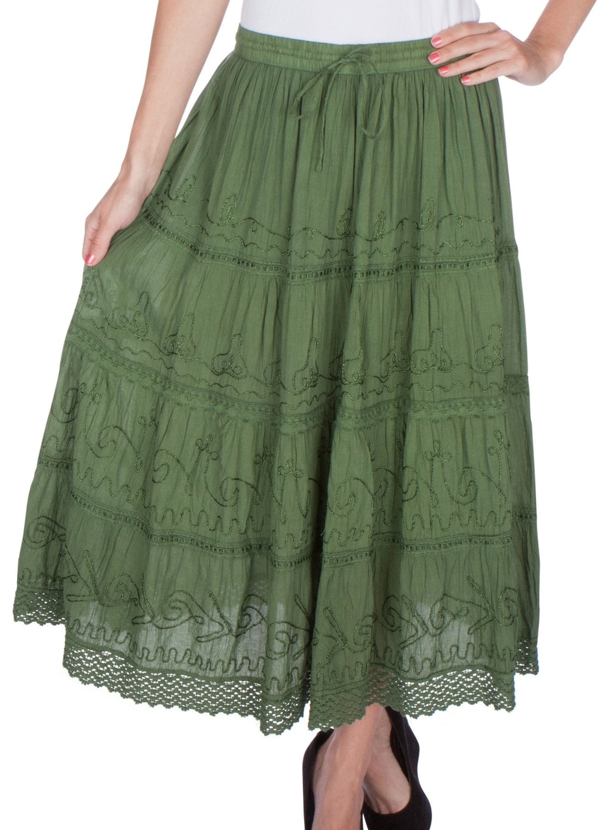 Sakkas Solid Embroidered Crochet Lace Trim Gypsy Bohemian Mid Length Cotton Skirt