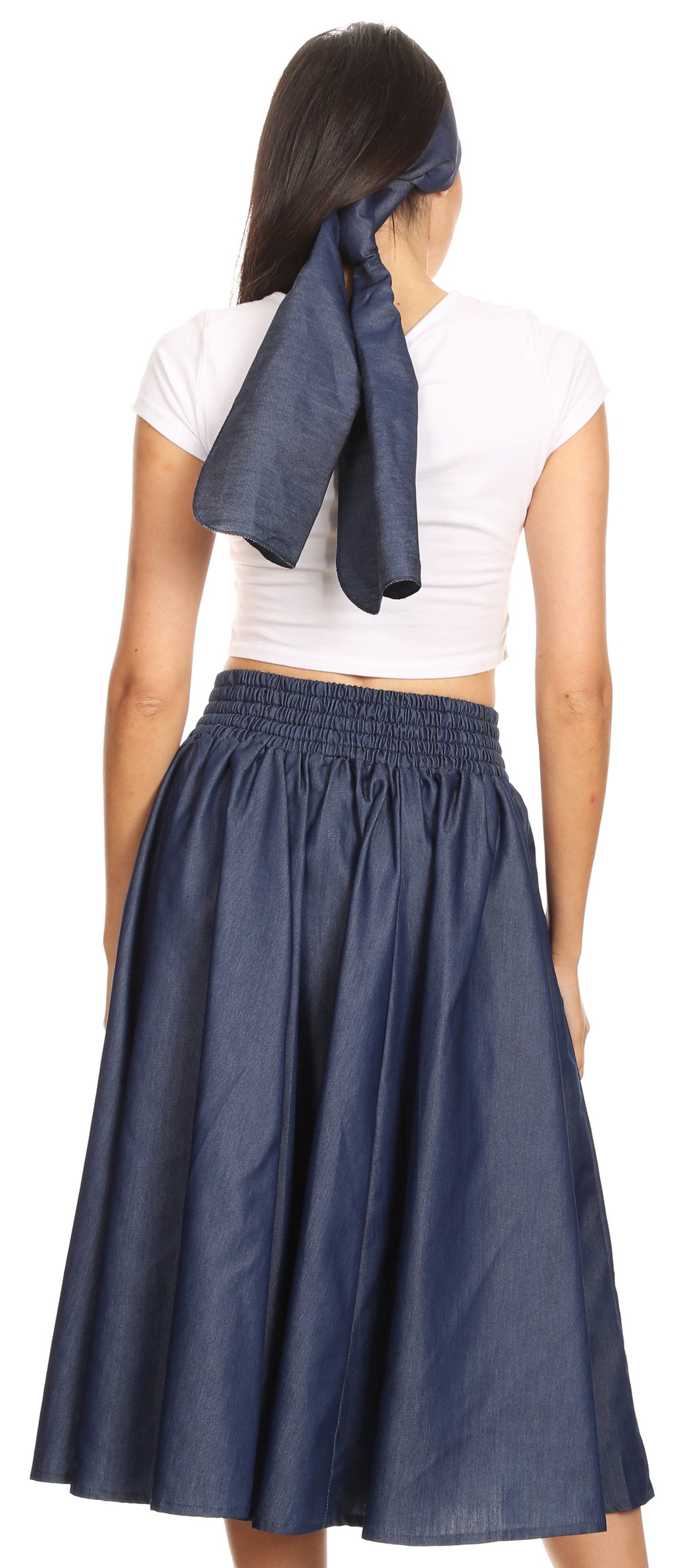 Sakkas Atieno Flared Circle Chambray Boho Mid Skirt with Elastic Waist