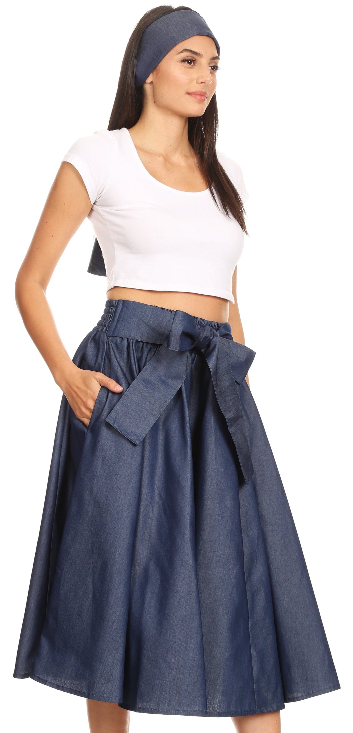 Sakkas Atieno Flared Circle Chambray Boho Mid Skirt with Elastic Waist