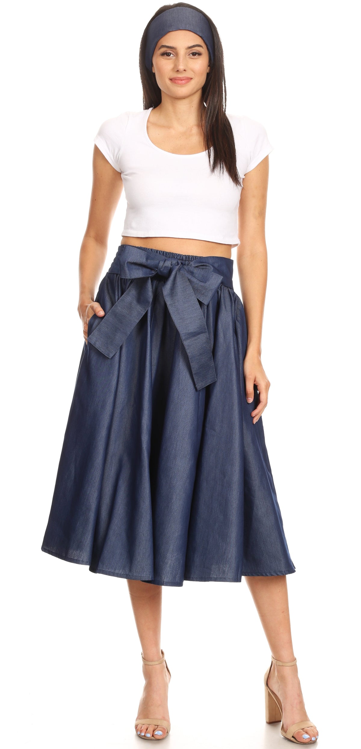 Sakkas Atieno Flared Circle Chambray Boho Mid Skirt with Elastic Waist