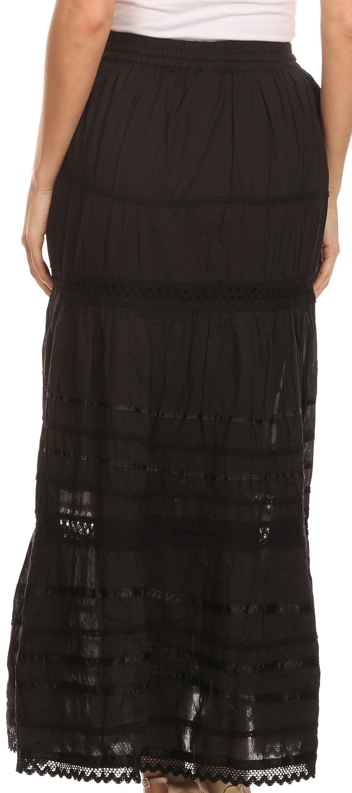 Sakkas 80123 - Gia Bohemian Adjustable Lace Embroidered Wide Lined Long Ethnic Skirt - Black - OS