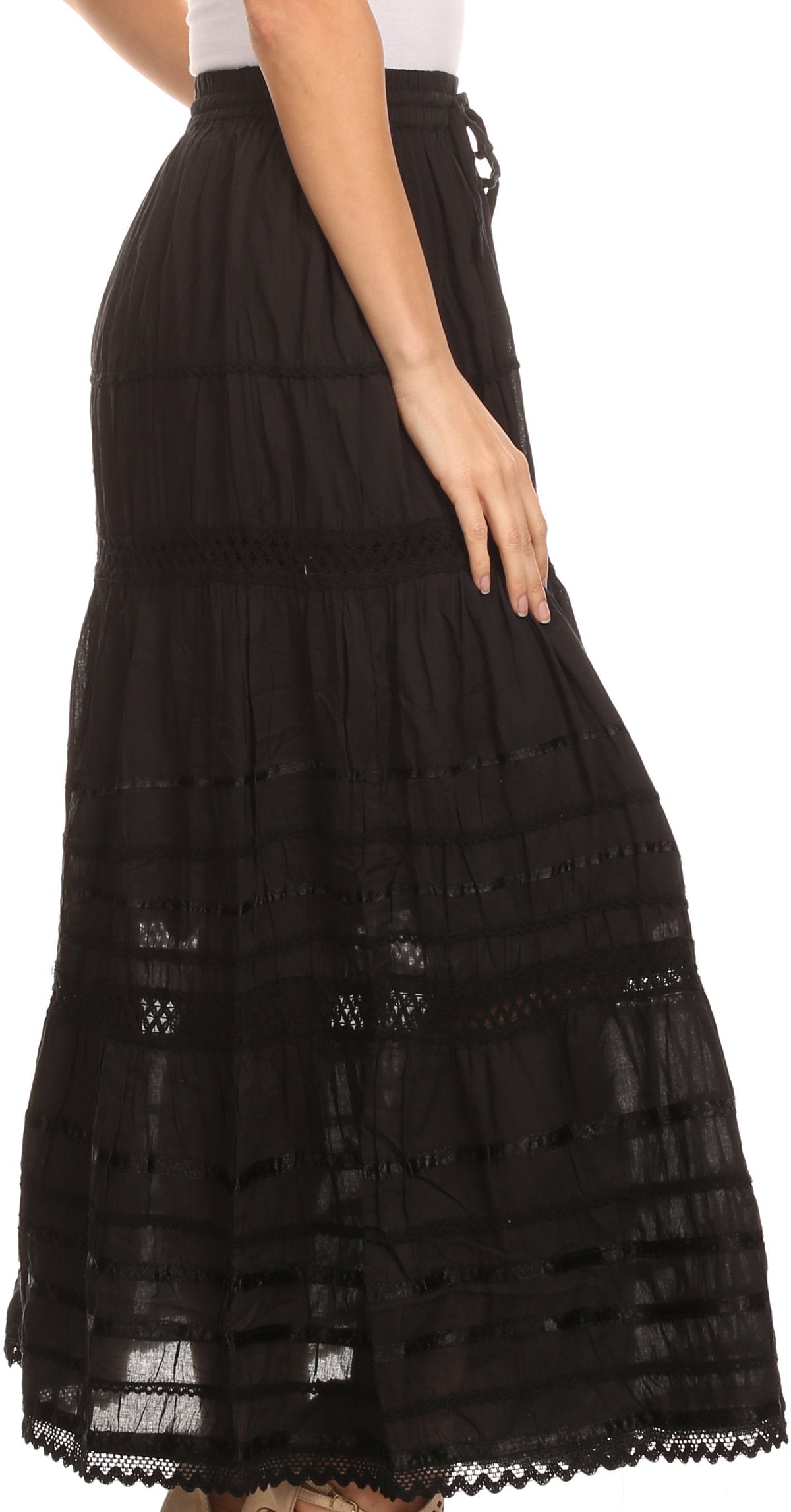 Sakkas 80123 - Gia Bohemian Adjustable Lace Embroidered Wide Lined Long Ethnic Skirt - Black - OS