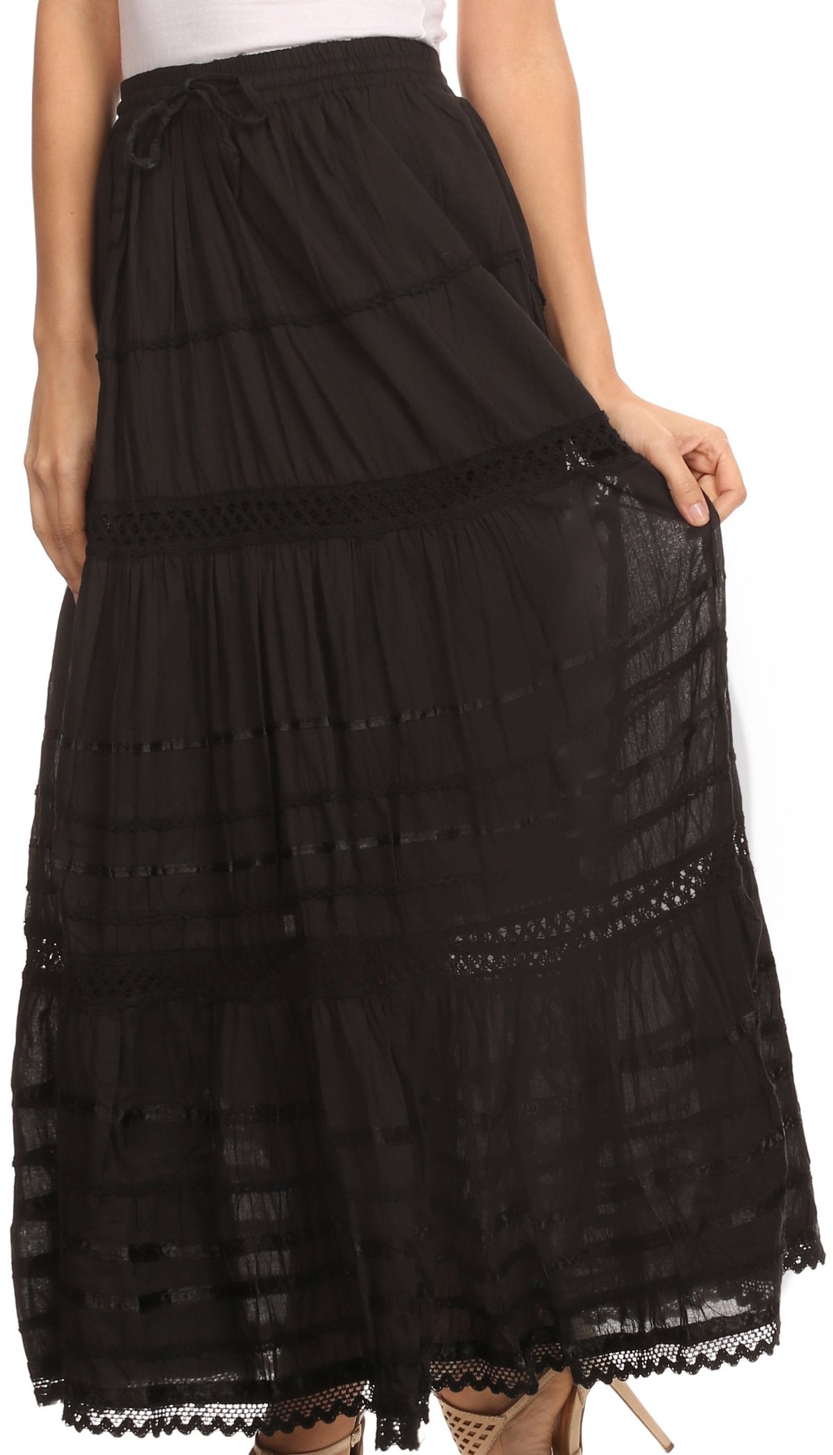 Sakkas 80123 - Gia Bohemian Adjustable Lace Embroidered Wide Lined Long Ethnic Skirt - Black - OS