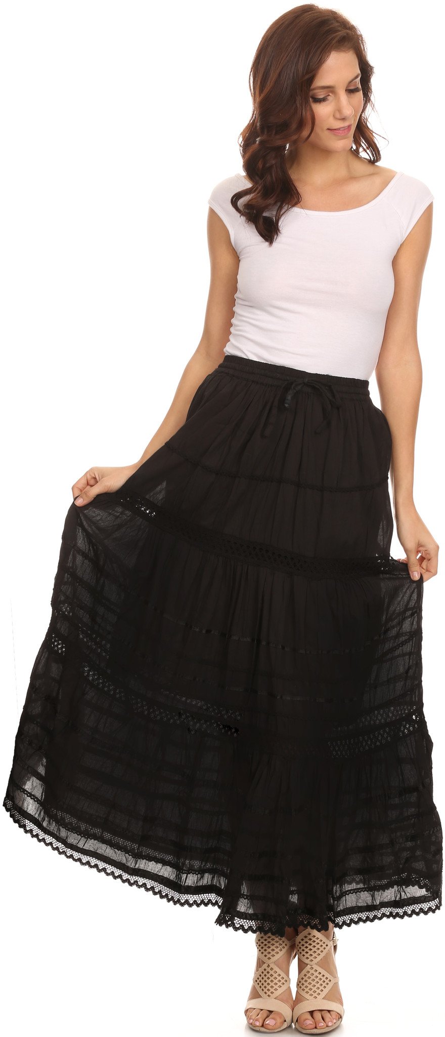 Sakkas 80123 - Gia Bohemian Adjustable Lace Embroidered Wide Lined Long Ethnic Skirt - Black - OS