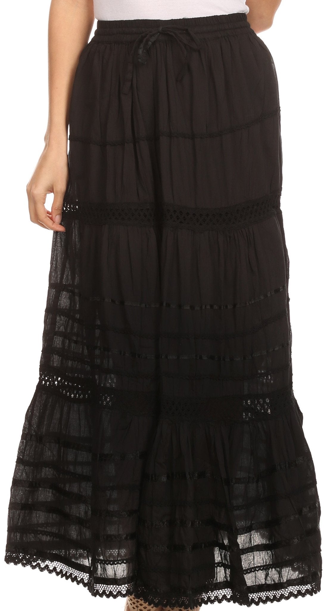 Sakkas 80123 - Gia Bohemian Adjustable Lace Embroidered Wide Lined Long Ethnic Skirt - Black - OS