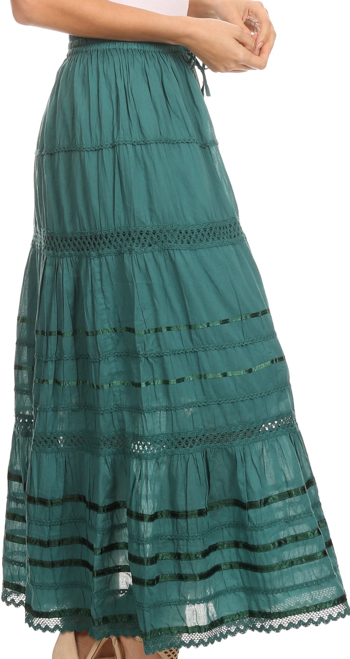 Sakkas 80123 - Gia Bohemian Adjustable Lace Embroidered Wide Lined Long Ethnic Skirt - Black - OS