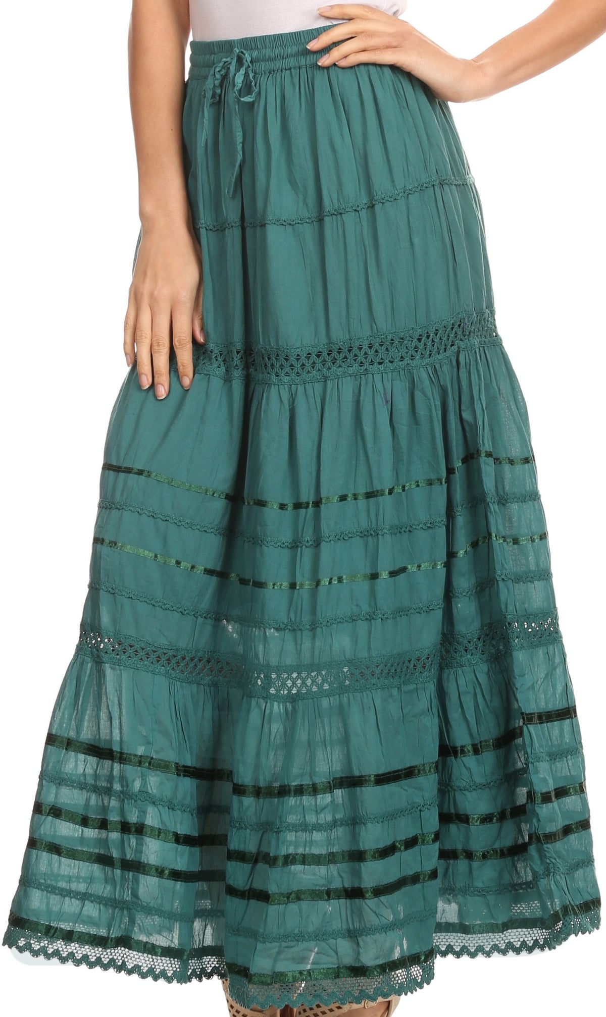 Sakkas 80123 - Gia Bohemian Adjustable Lace Embroidered Wide Lined Long Ethnic Skirt - Black - OS