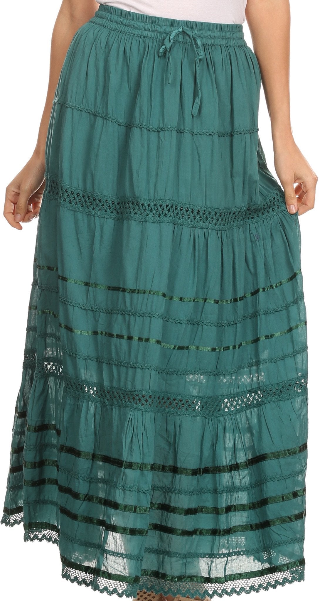Sakkas 80123 - Gia Bohemian Adjustable Lace Embroidered Wide Lined Long Ethnic Skirt - Black - OS