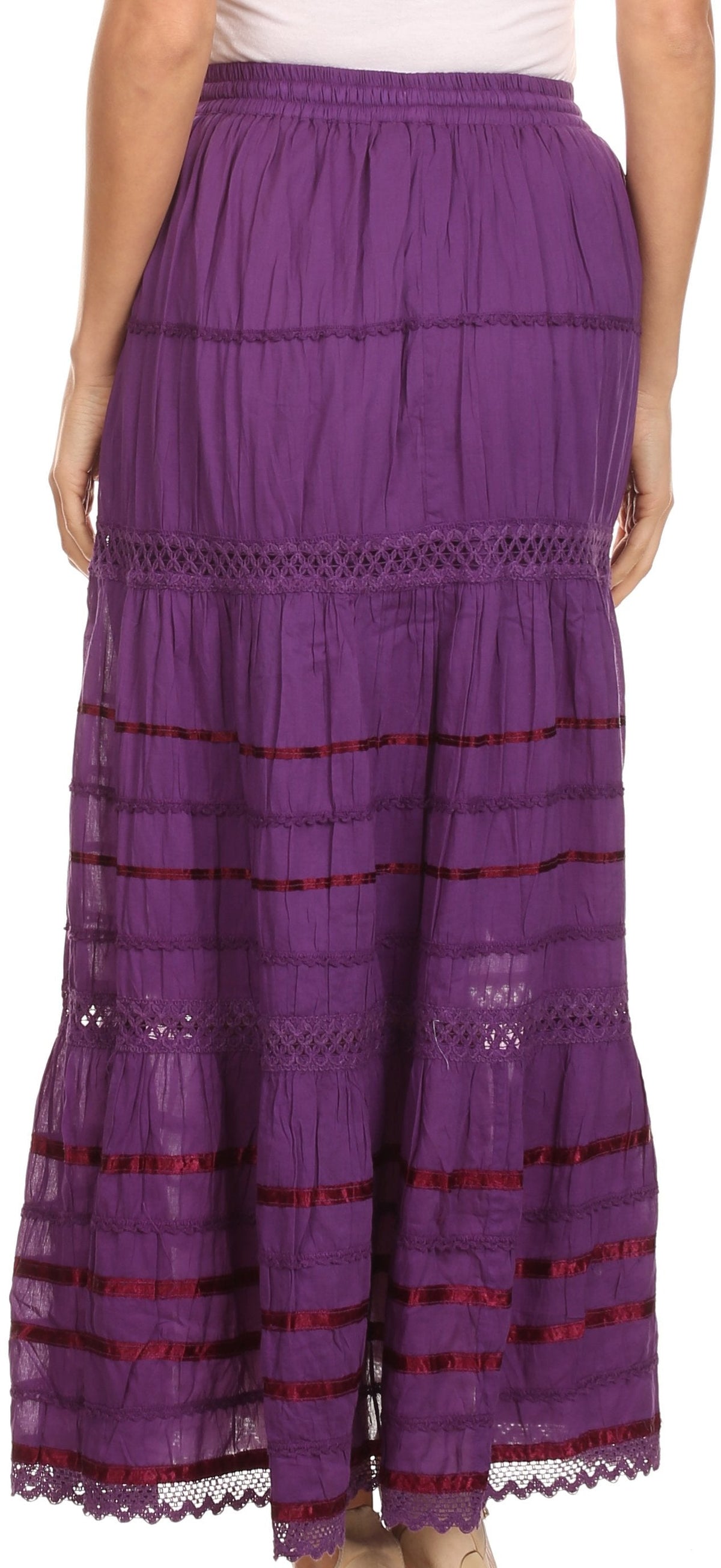 Sakkas 80123 - Gia Bohemian Adjustable Lace Embroidered Wide Lined Long Ethnic Skirt - Black - OS