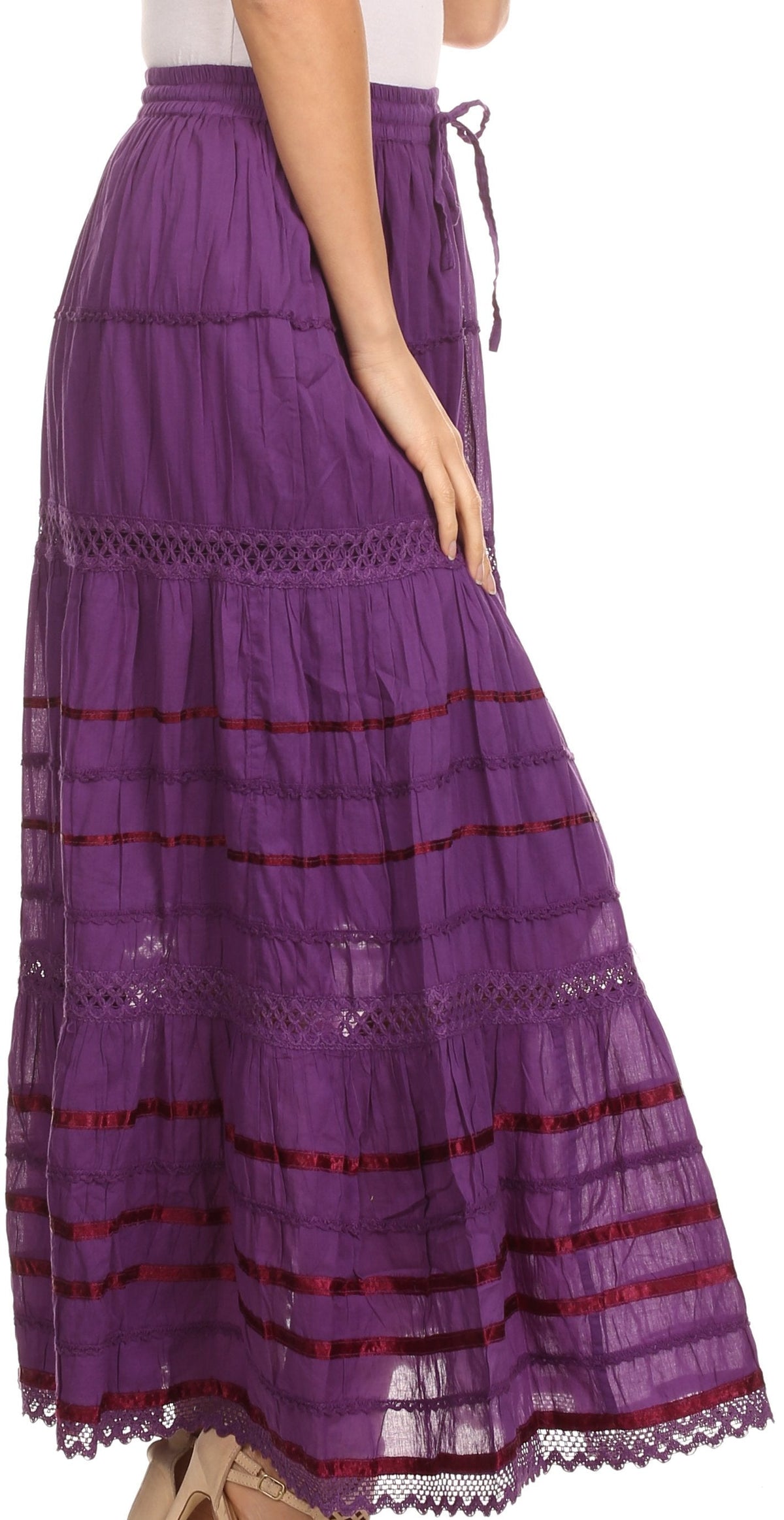 Sakkas 80123 - Gia Bohemian Adjustable Lace Embroidered Wide Lined Long Ethnic Skirt - Black - OS