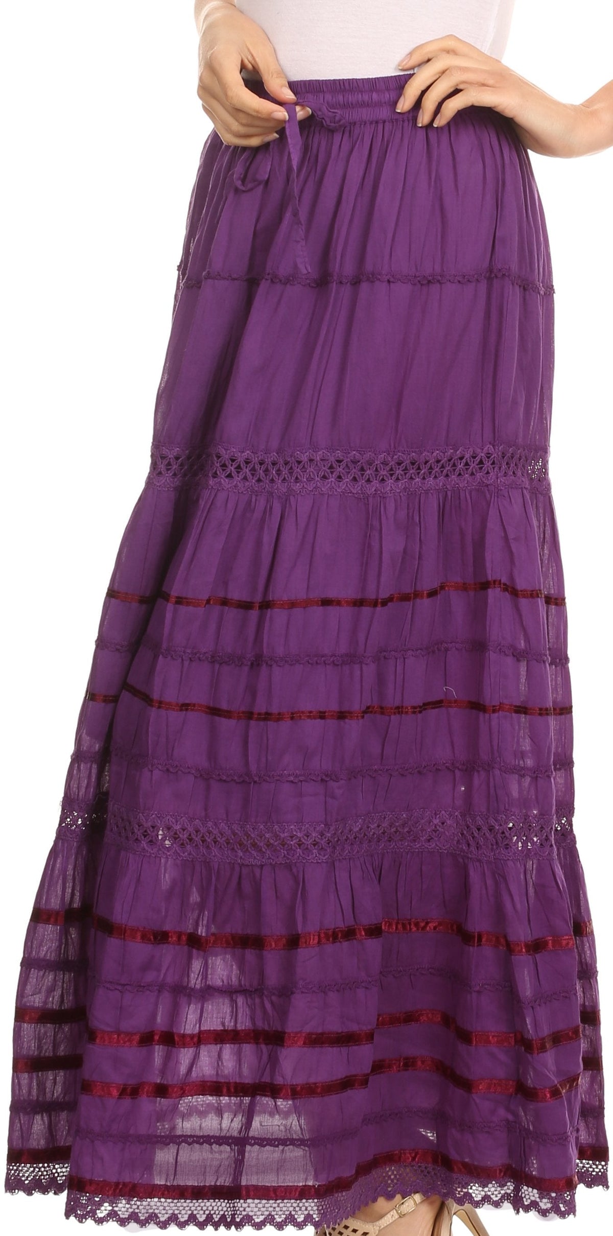 Sakkas 80123 - Gia Bohemian Adjustable Lace Embroidered Wide Lined Long Ethnic Skirt - Black - OS