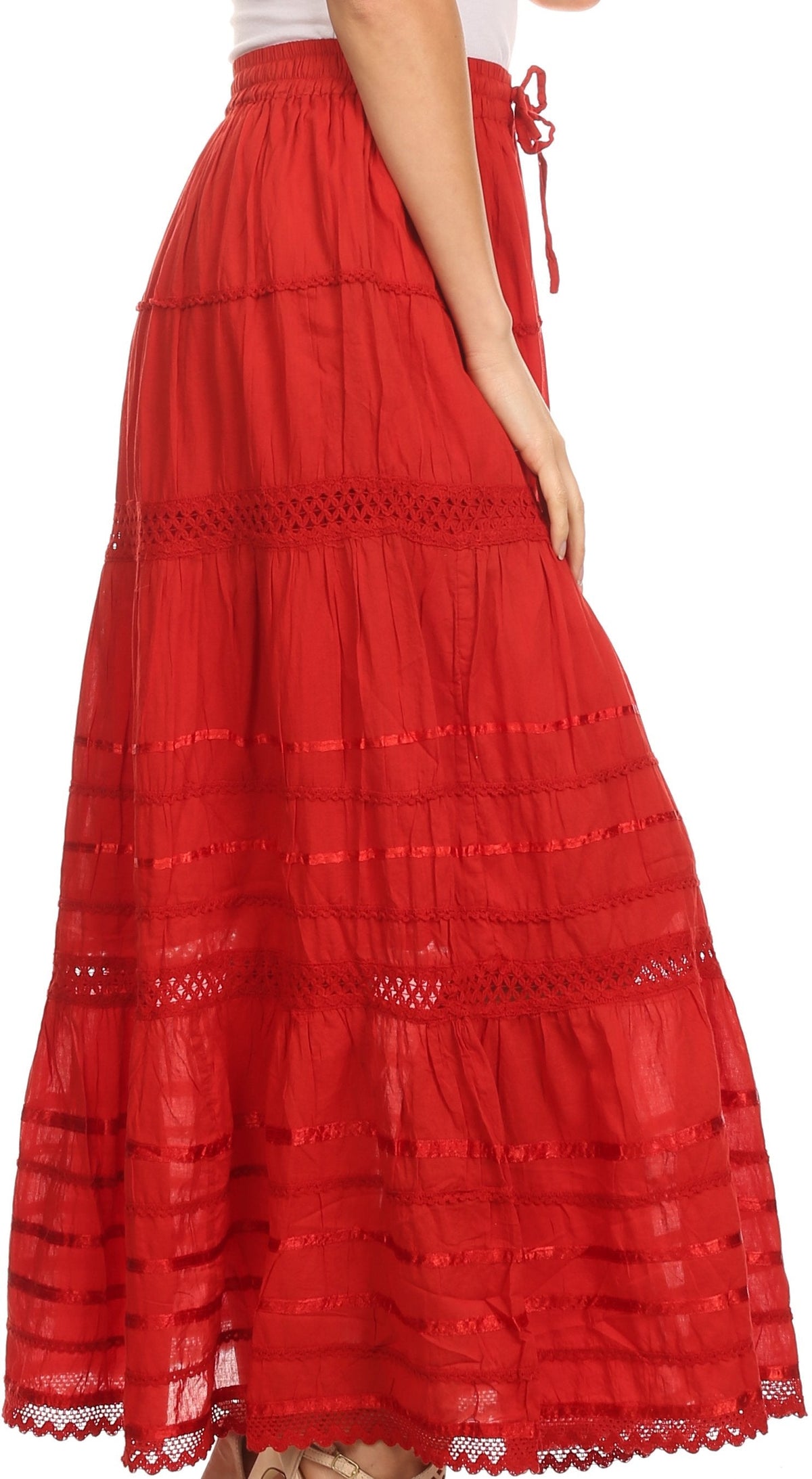 Sakkas 80123 - Gia Bohemian Adjustable Lace Embroidered Wide Lined Long Ethnic Skirt - Black - OS