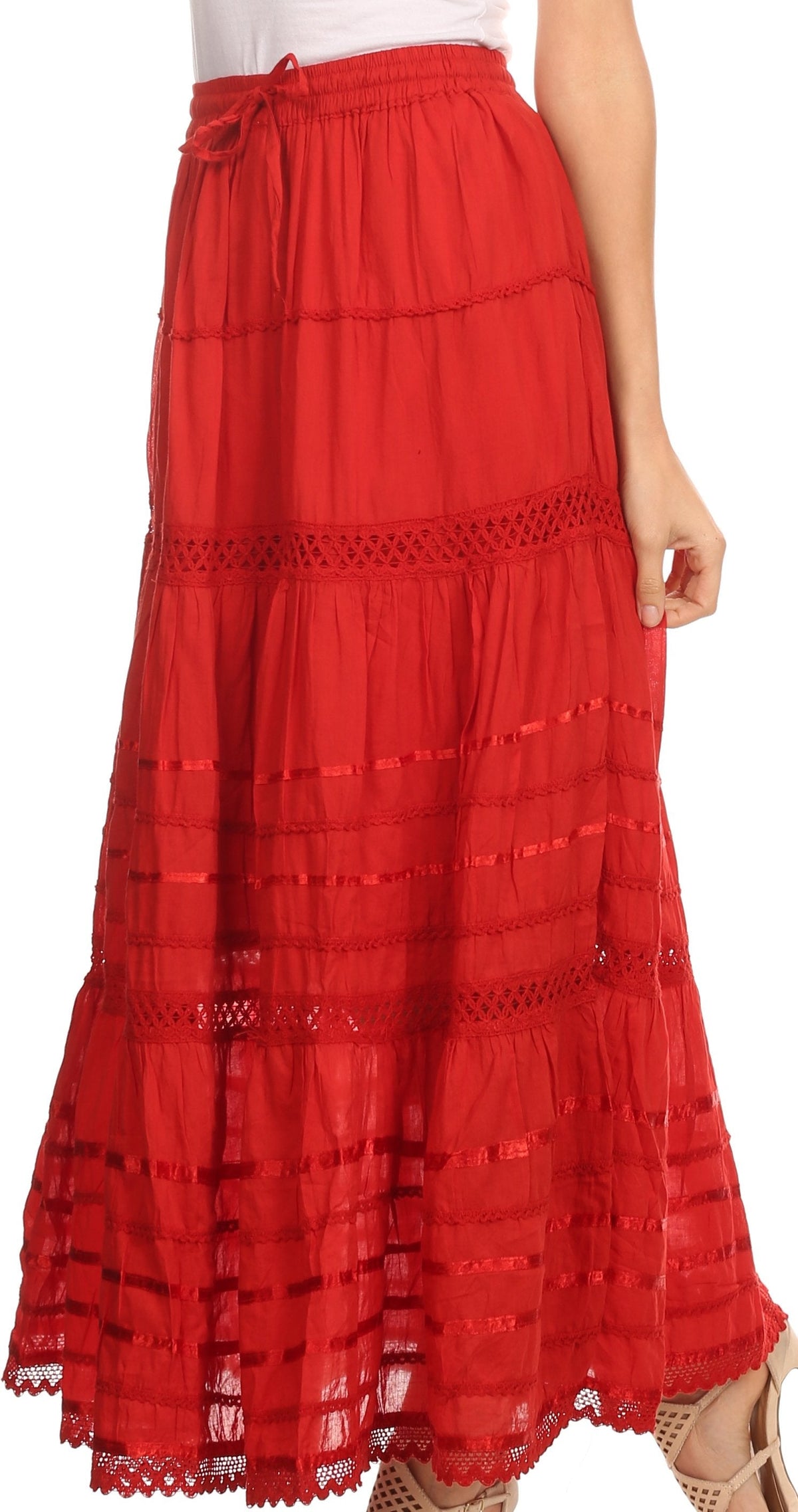 Sakkas 80123 - Gia Bohemian Adjustable Lace Embroidered Wide Lined Long Ethnic Skirt - Black - OS