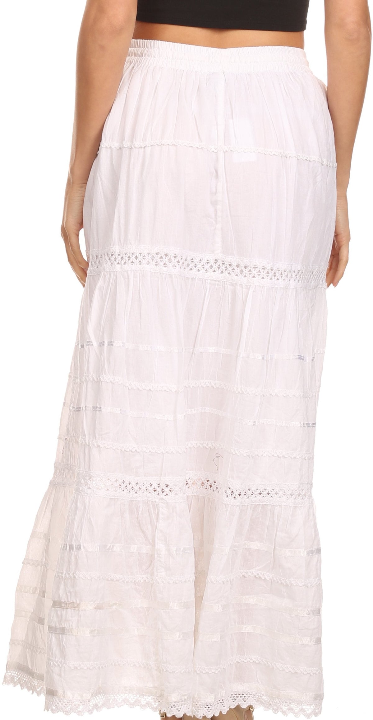 Sakkas 80123 - Gia Bohemian Adjustable Lace Embroidered Wide Lined Long Ethnic Skirt - Black - OS
