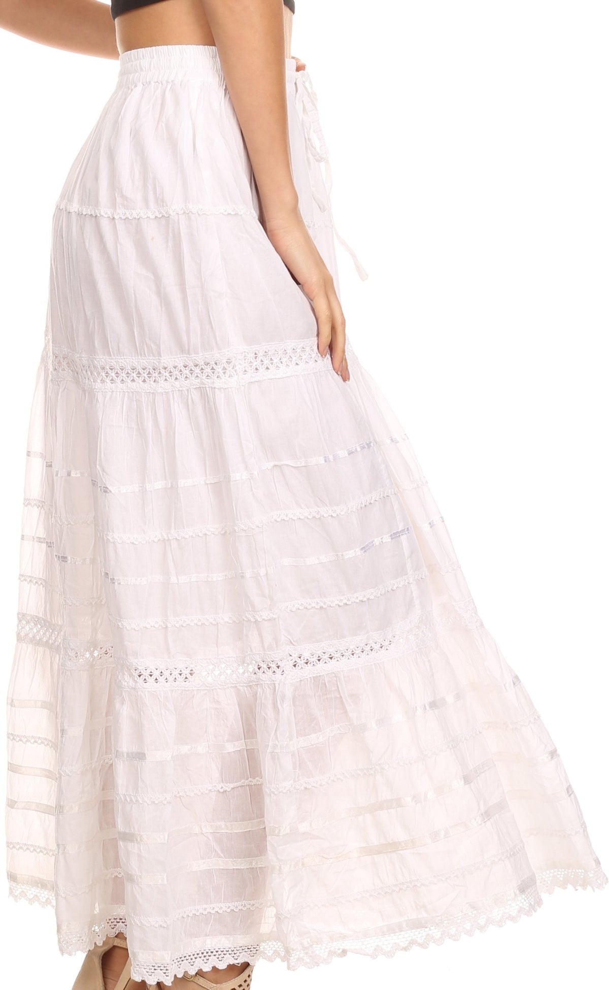 Sakkas 80123 - Gia Bohemian Adjustable Lace Embroidered Wide Lined Long Ethnic Skirt - Black - OS