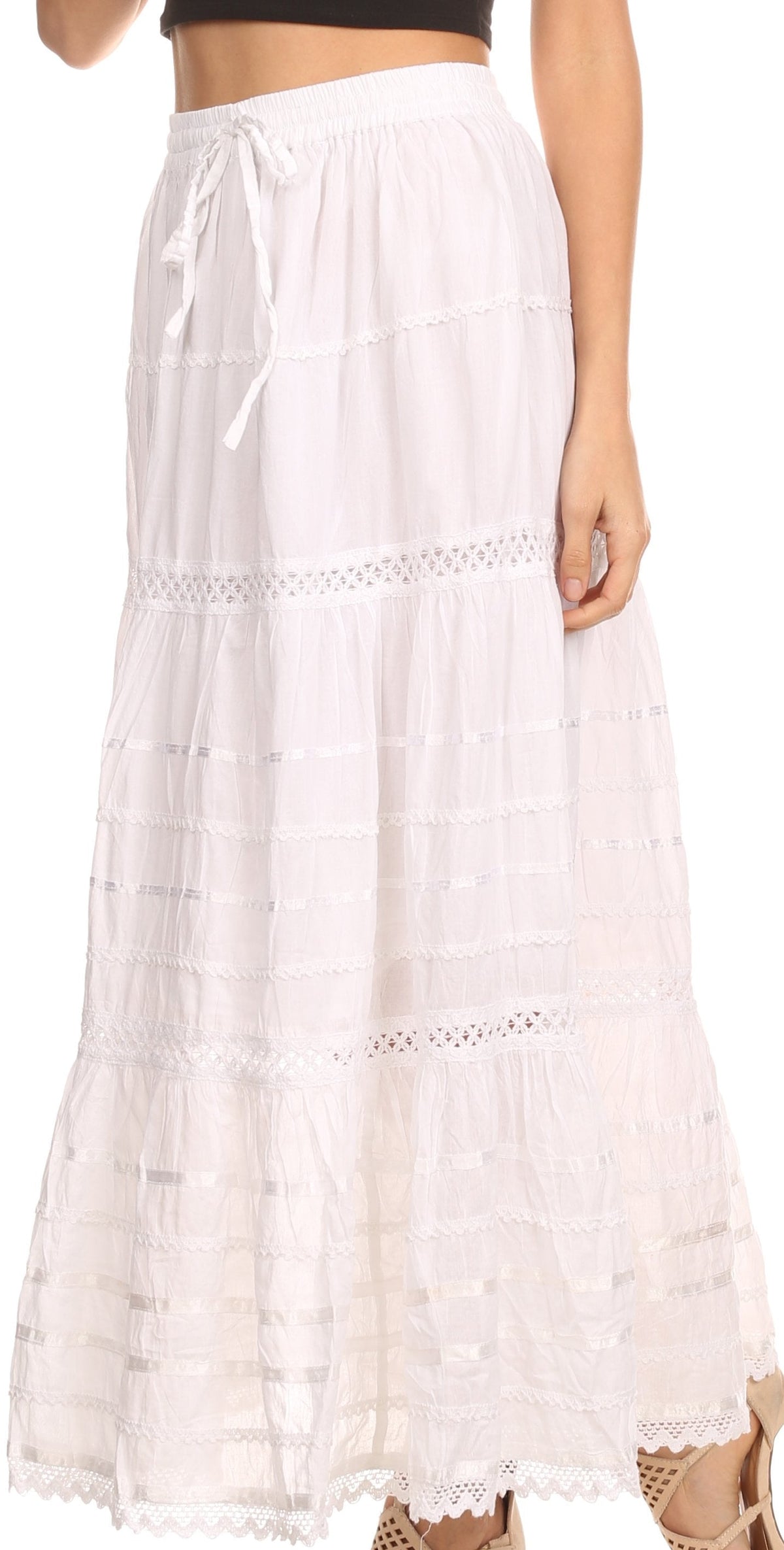 Sakkas 80123 - Gia Bohemian Adjustable Lace Embroidered Wide Lined Long Ethnic Skirt - Black - OS