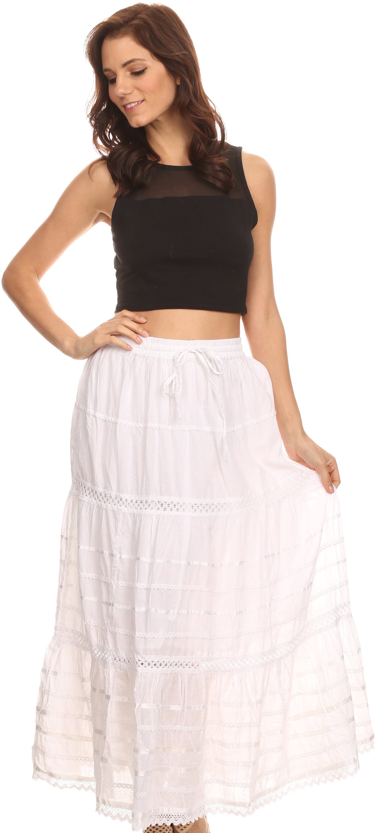 Sakkas 80123 - Gia Bohemian Adjustable Lace Embroidered Wide Lined Long Ethnic Skirt - Black - OS