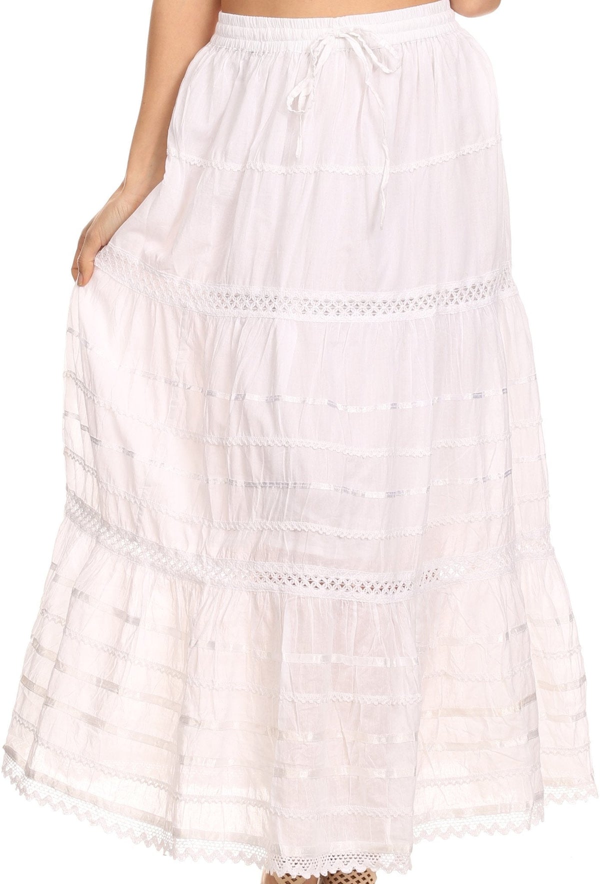 Sakkas 80123 - Gia Bohemian Adjustable Lace Embroidered Wide Lined Long Ethnic Skirt - Black - OS