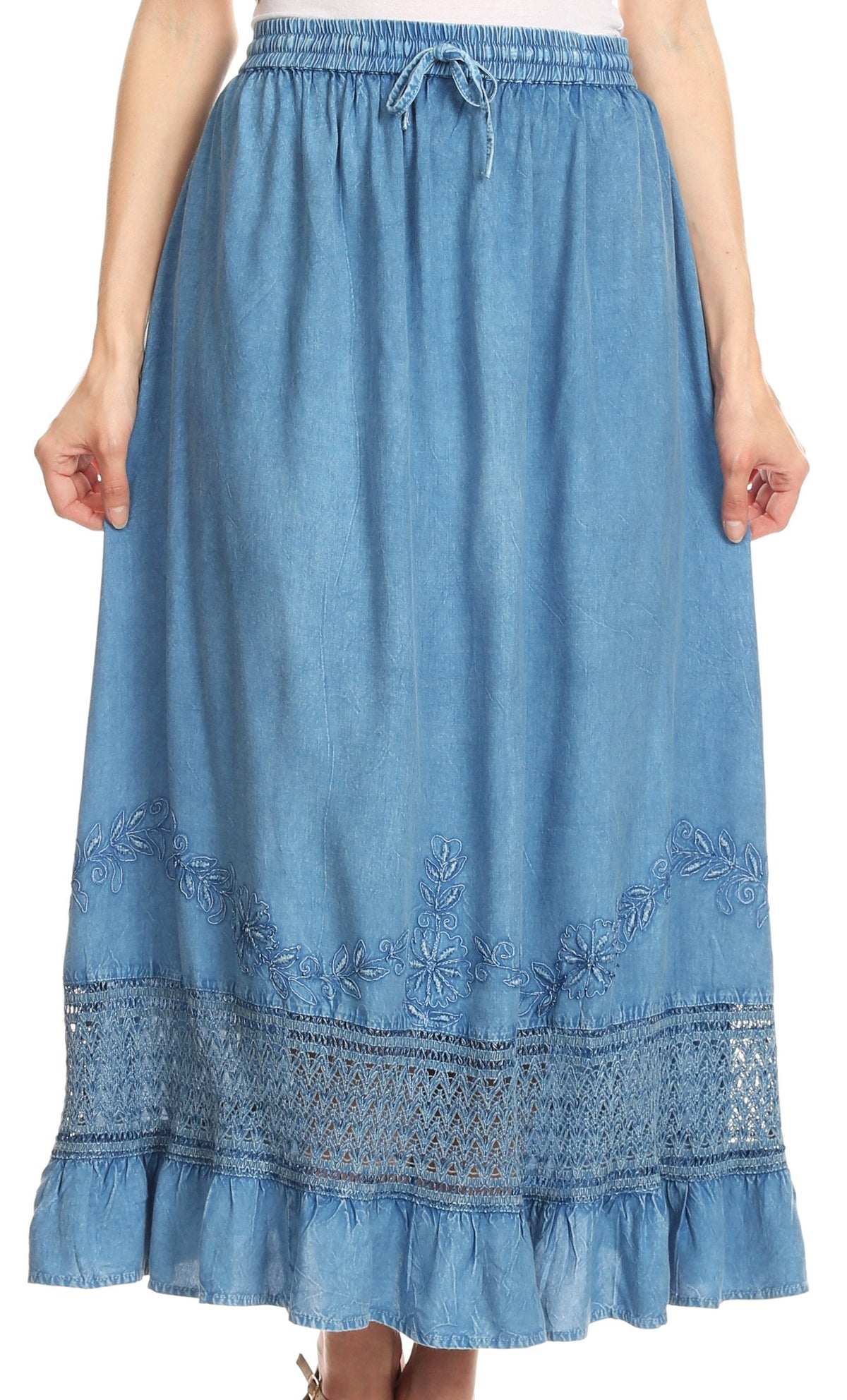 Sakkas Harley Bohemian Embroidered Ethnic Maxi Skirt Adjustable Waist Ruffle Trim