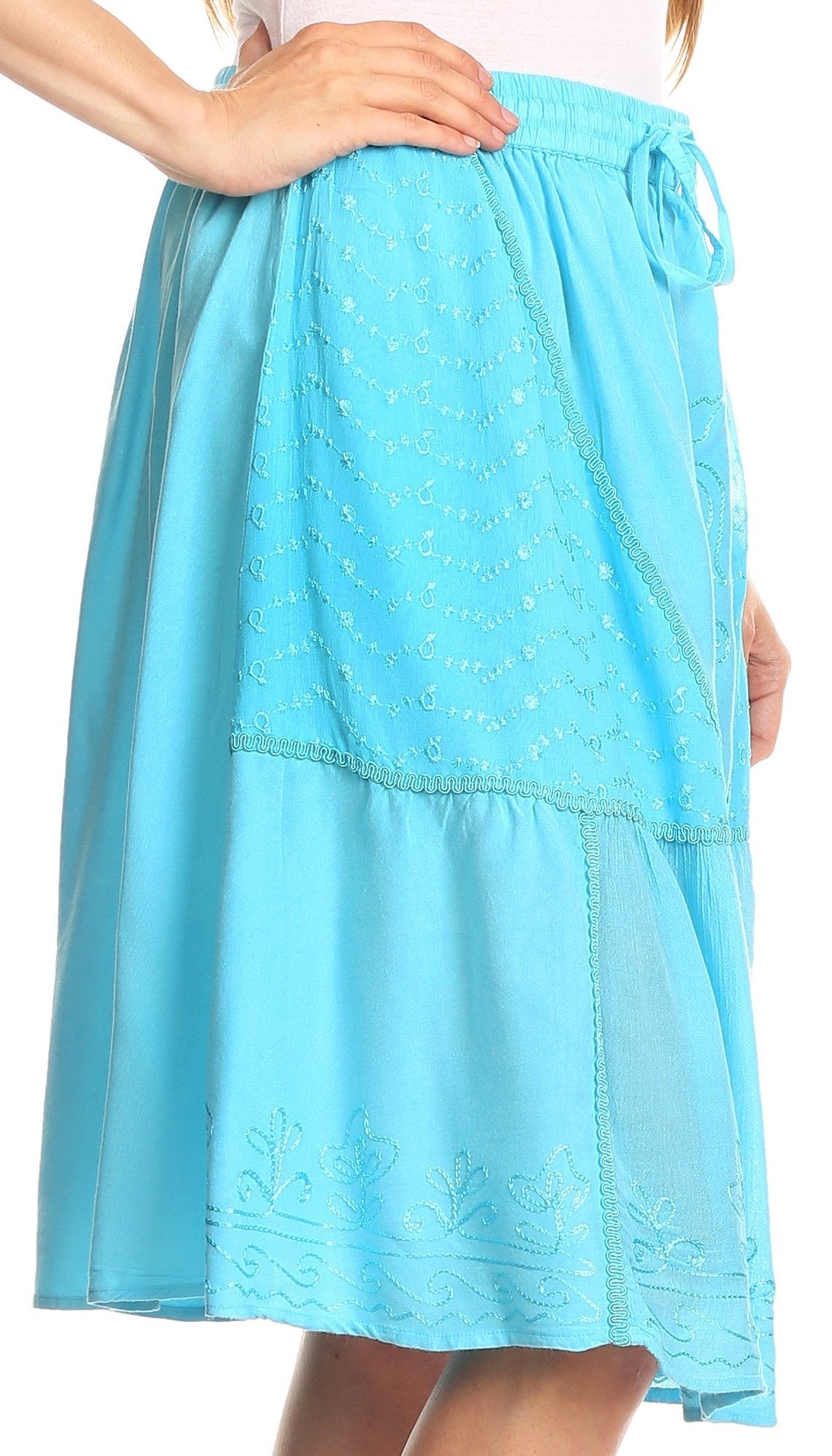 Sakkas Beyza Casual Peasant Mid Skirt with Elastic Waist Embroidery and Eyelet