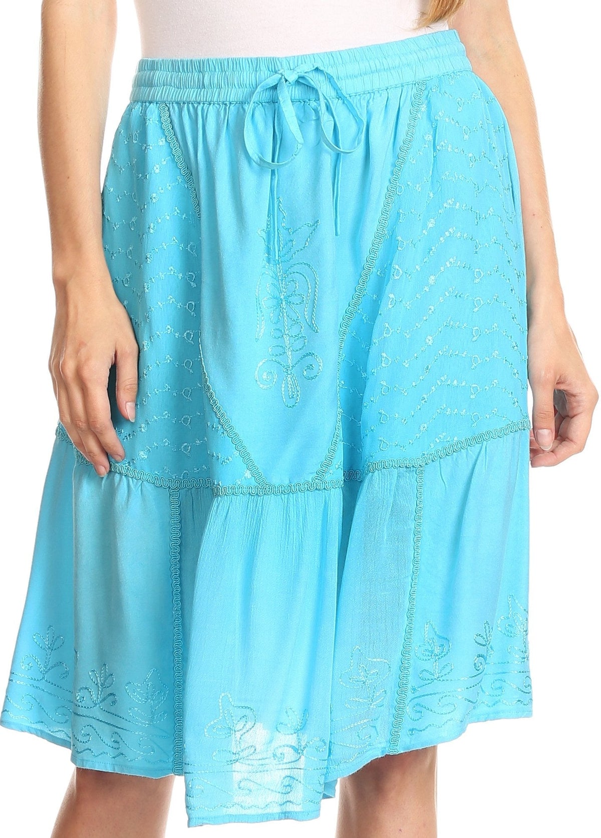 Sakkas Beyza Casual Peasant Mid Skirt with Elastic Waist Embroidery and Eyelet