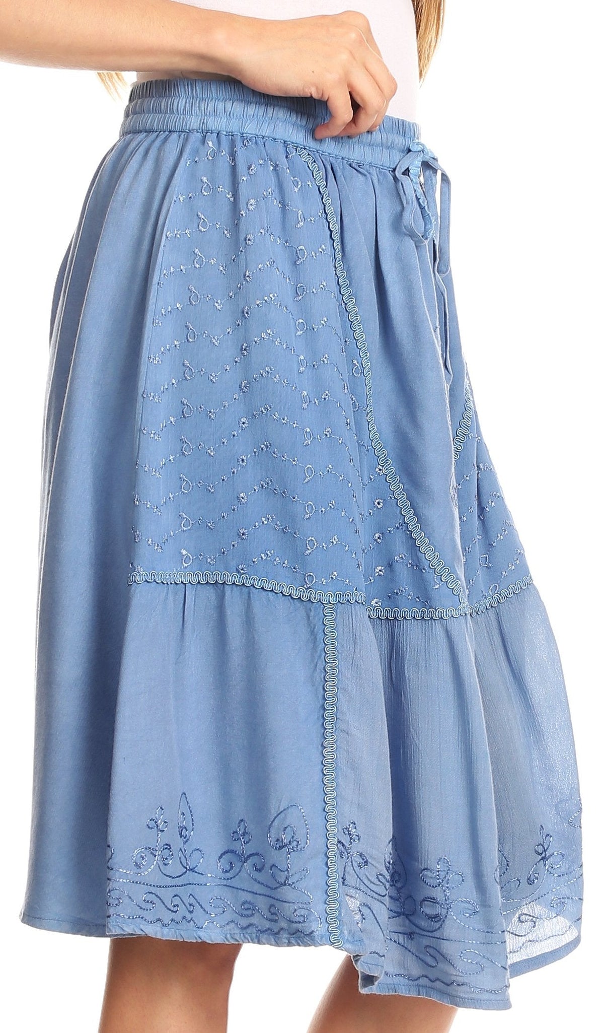 Sakkas Beyza Casual Peasant Mid Skirt with Elastic Waist Embroidery and Eyelet