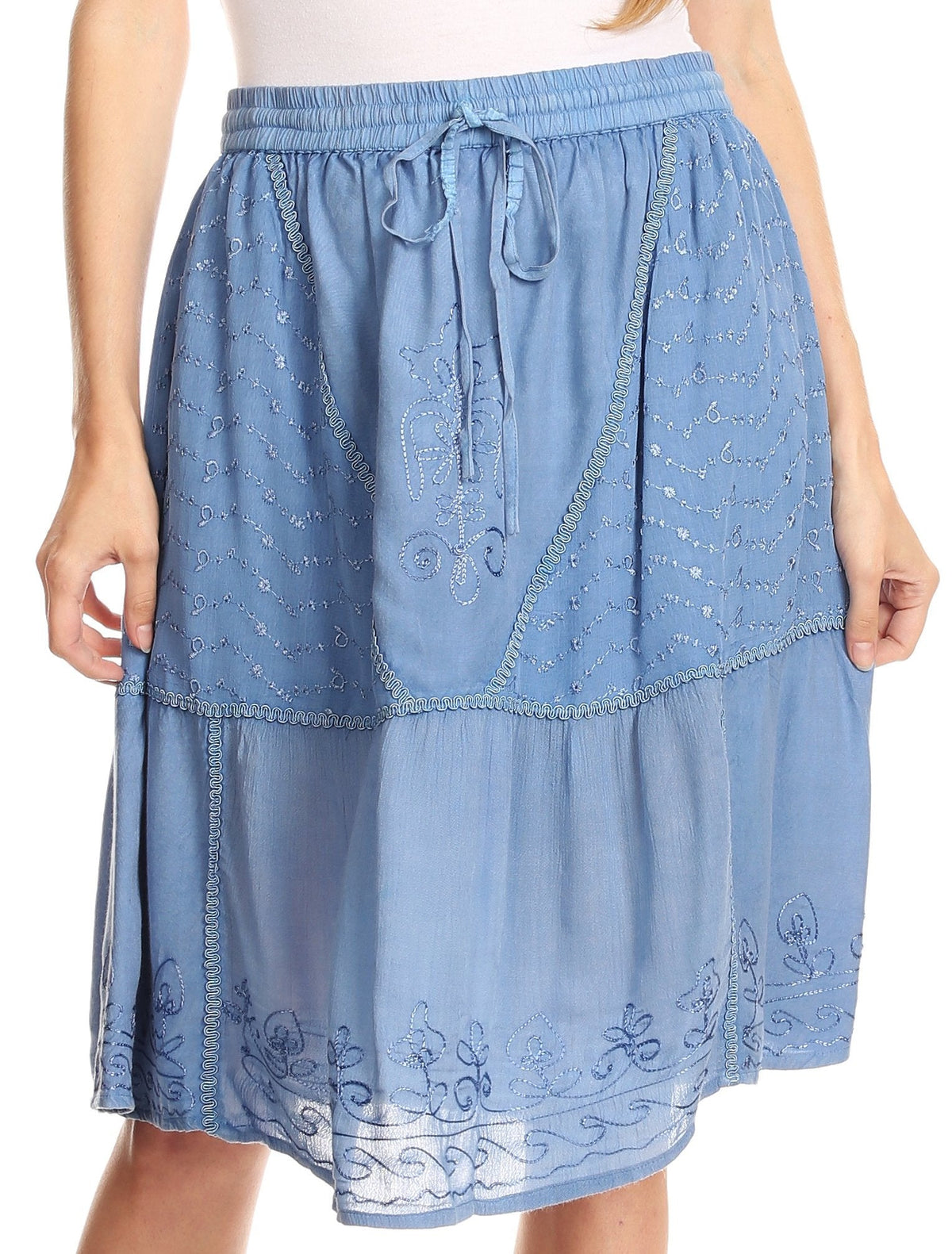 Sakkas Beyza Casual Peasant Mid Skirt with Elastic Waist Embroidery and Eyelet