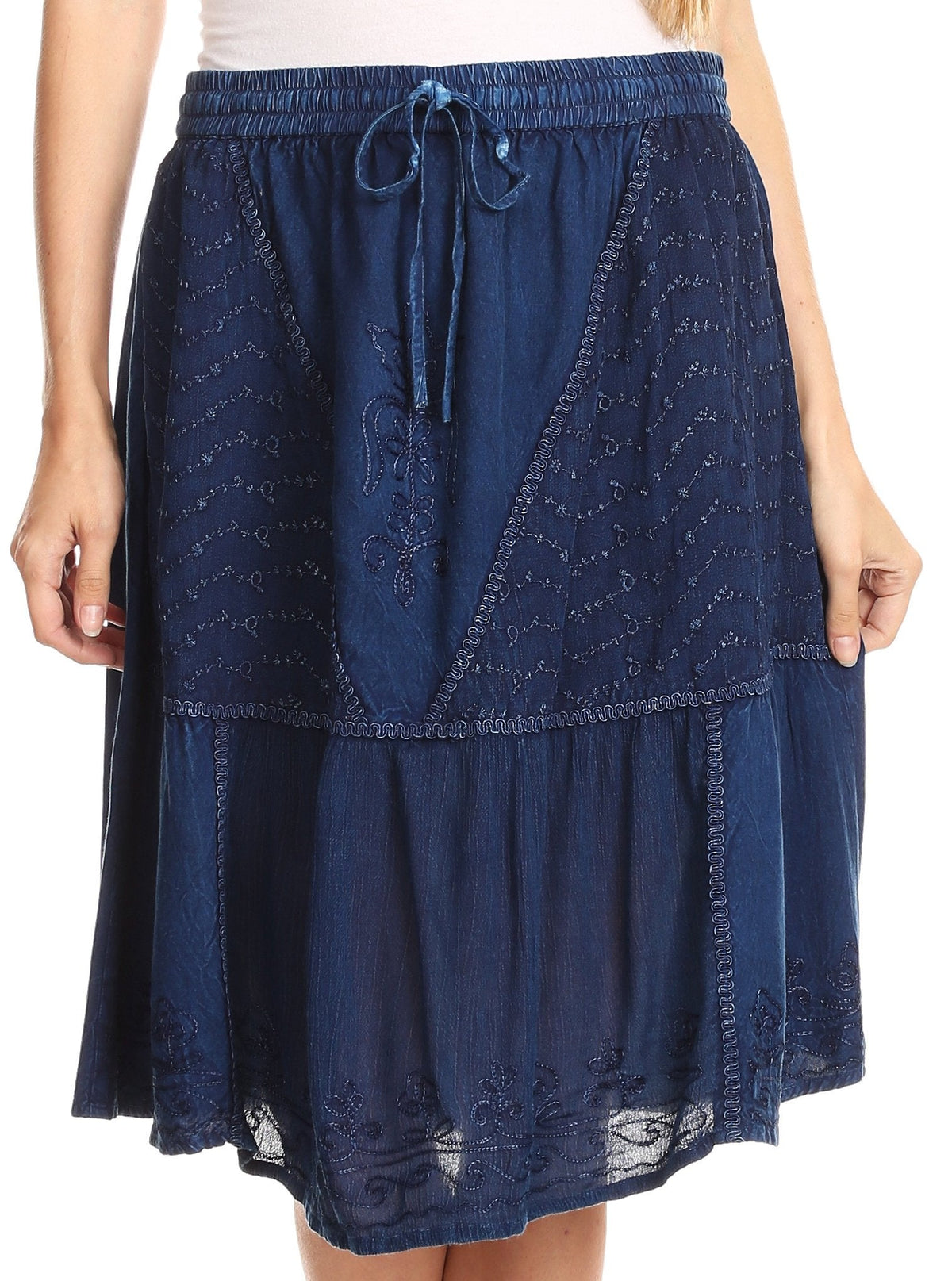 Sakkas Beyza Casual Peasant Mid Skirt with Elastic Waist Embroidery and Eyelet