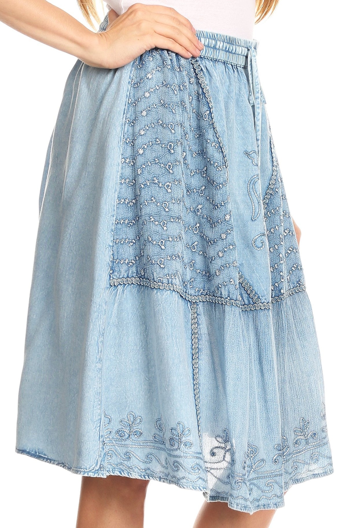 Sakkas Beyza Casual Peasant Mid Skirt with Elastic Waist Embroidery and Eyelet