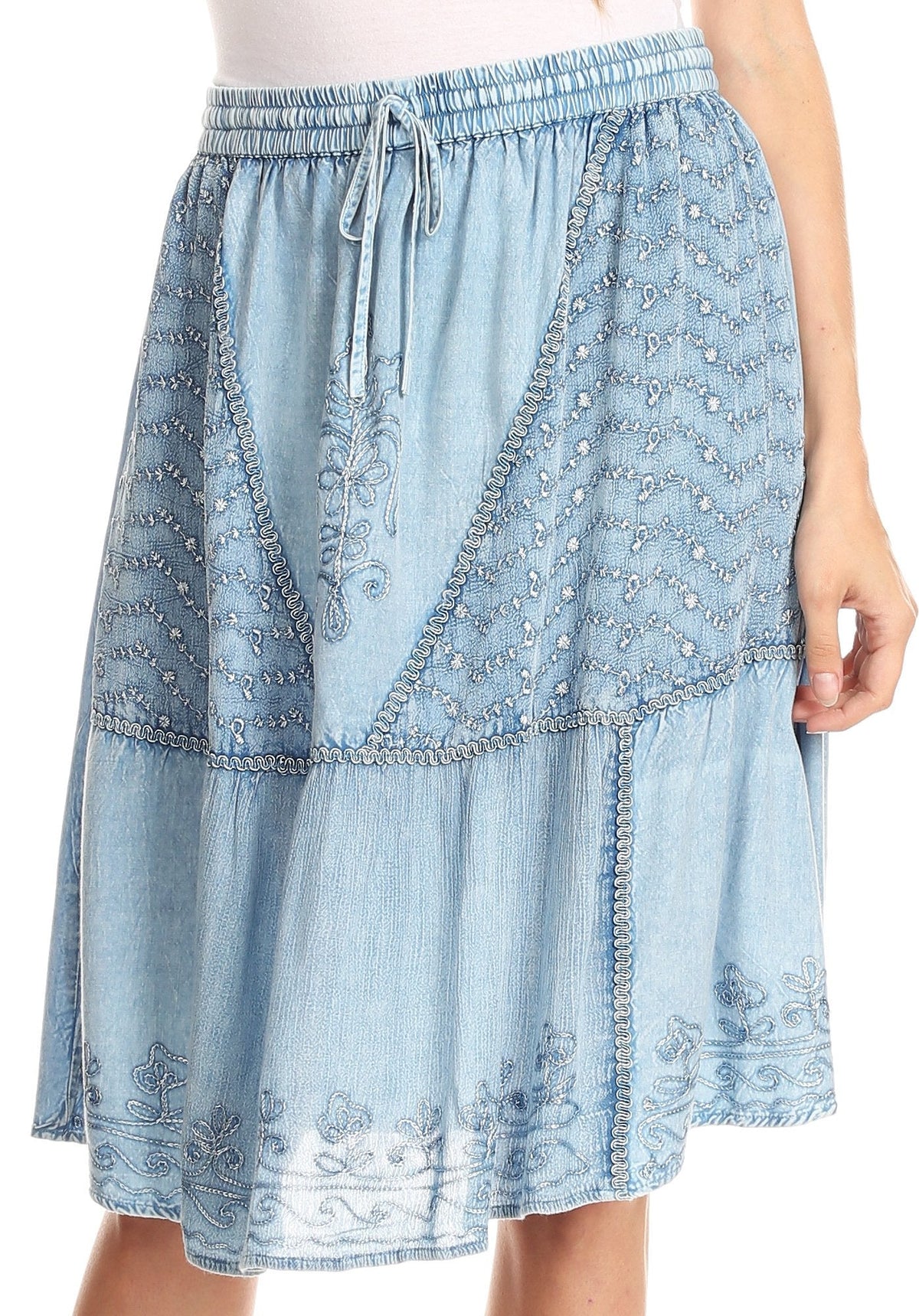 Sakkas Beyza Casual Peasant Mid Skirt with Elastic Waist Embroidery and Eyelet