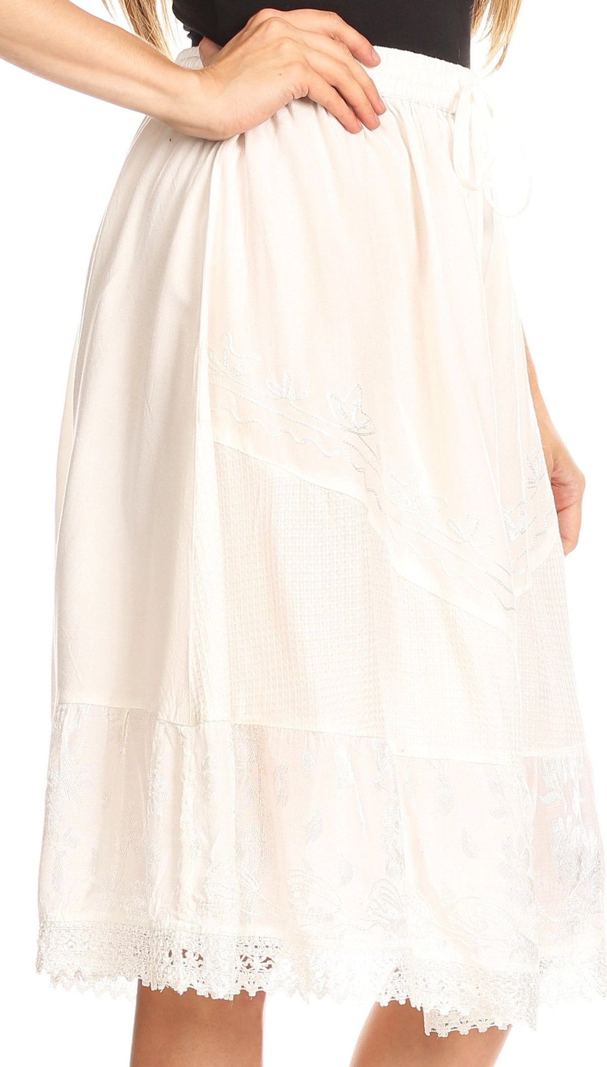Sakkas Beyza Casual Peasant Mid Skirt with Elastic Waist Embroidery and Eyelet