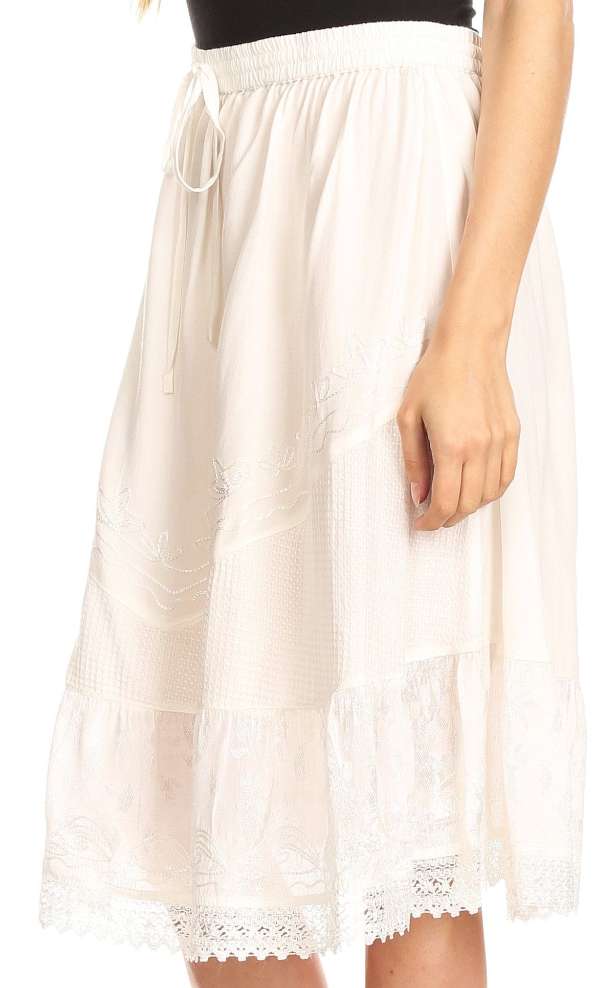 Sakkas Beyza Casual Peasant Mid Skirt with Elastic Waist Embroidery and Eyelet