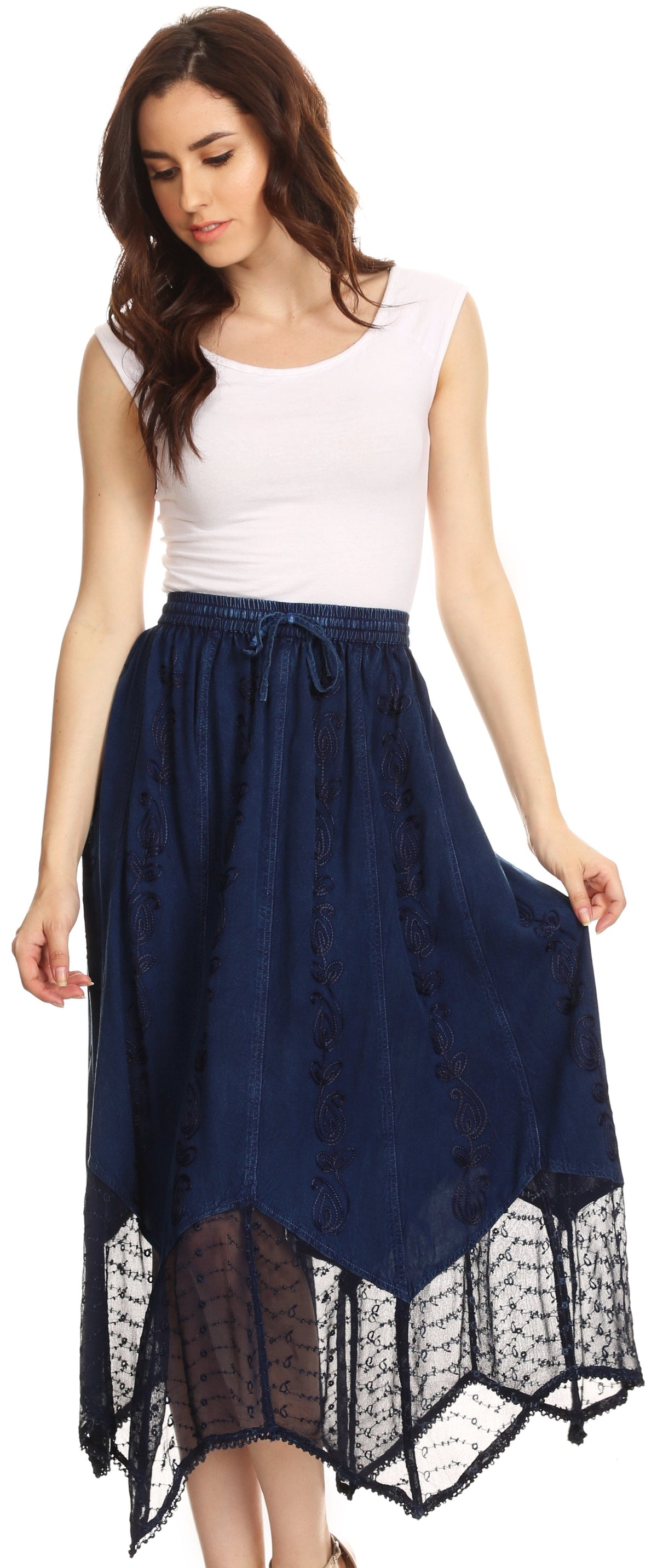 Sakkas Emma Adjustable Handkerchief Eyelet Hem Casual Skirt with Embroidery