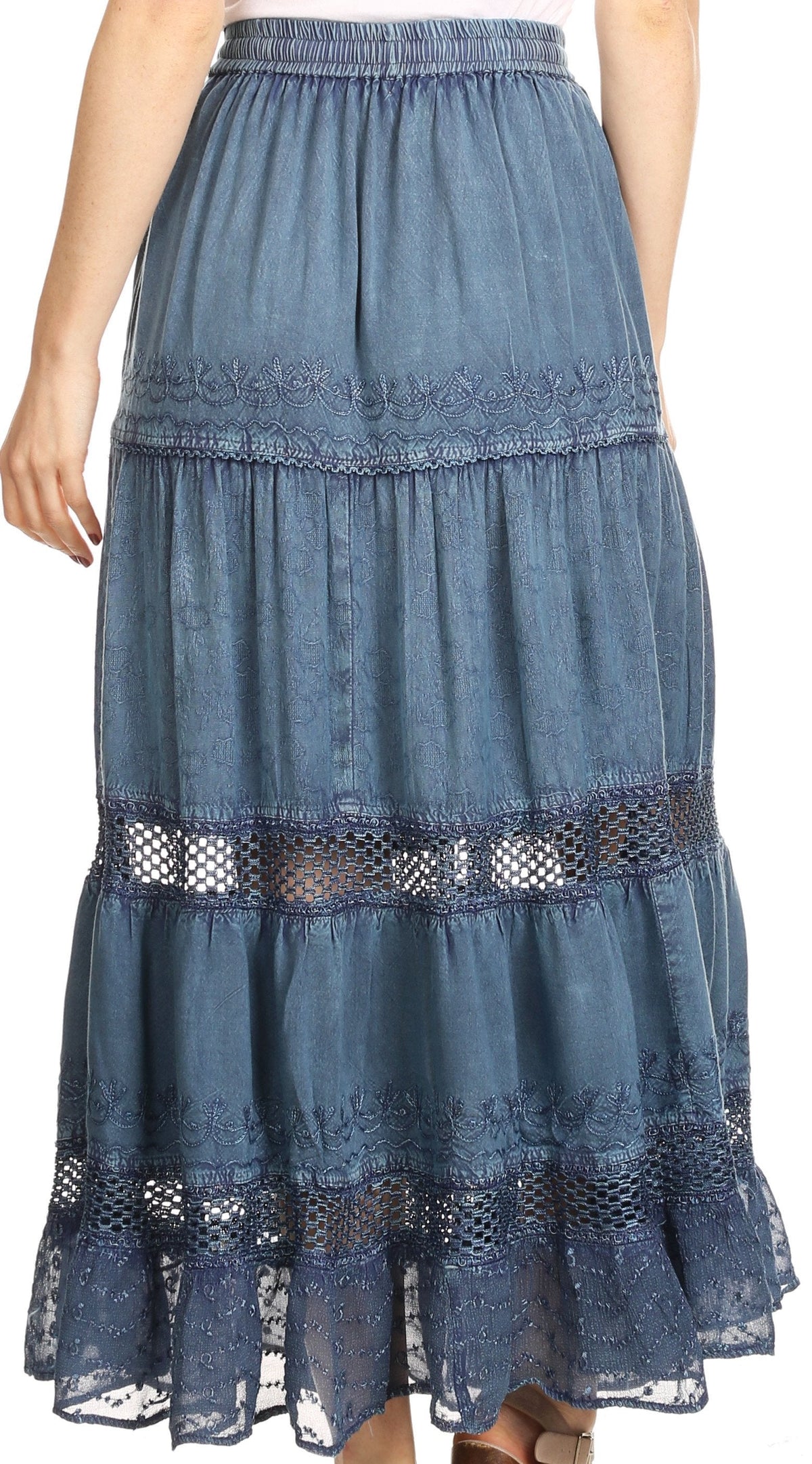 Sakkas Salina Boho Maxi Skirt with Embroidery and Crochet Lace Adjustable Waist