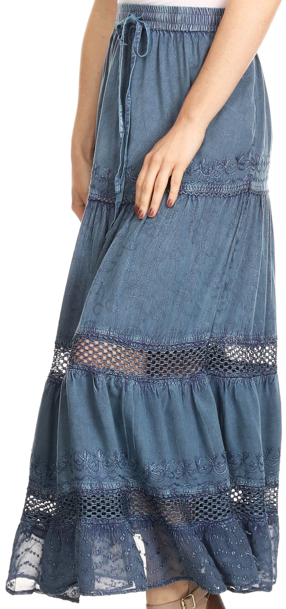 Sakkas Salina Boho Maxi Skirt with Embroidery and Crochet Lace Adjustable Waist