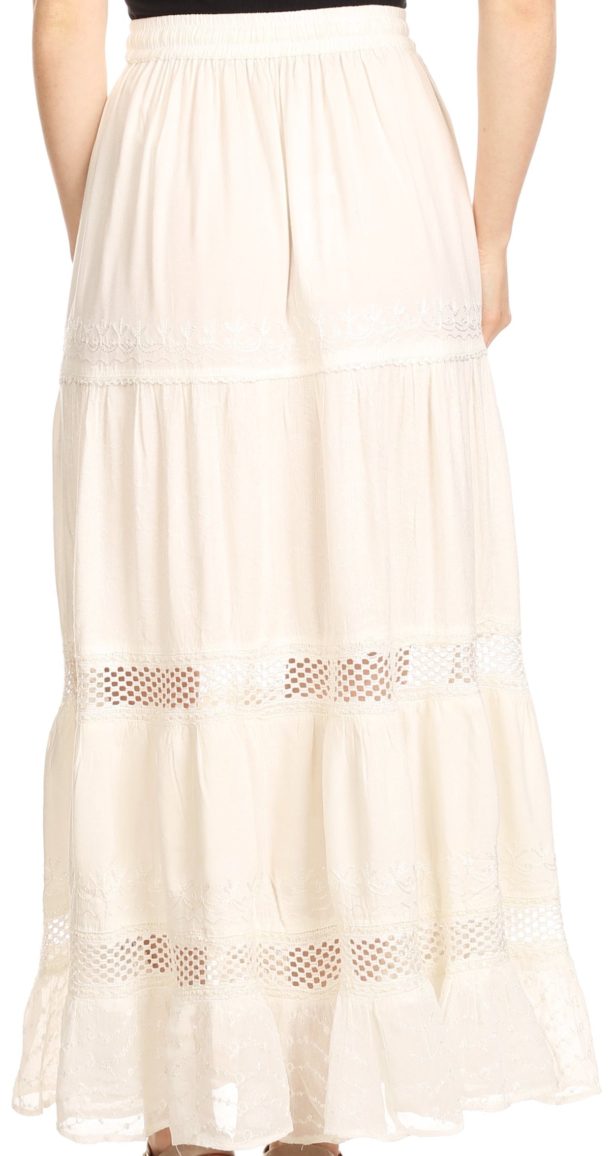 Sakkas Salina Boho Maxi Skirt with Embroidery and Crochet Lace Adjustable Waist