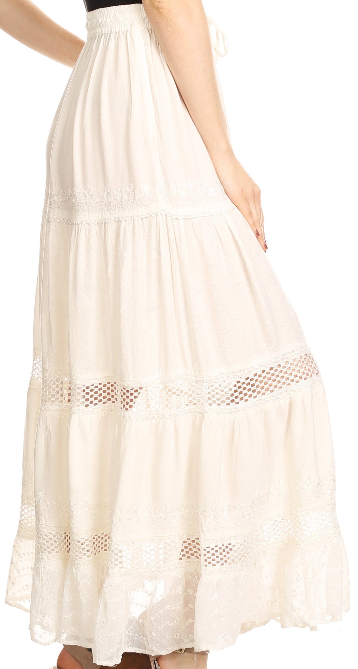Sakkas Salina Boho Maxi Skirt with Embroidery and Crochet Lace Adjustable Waist