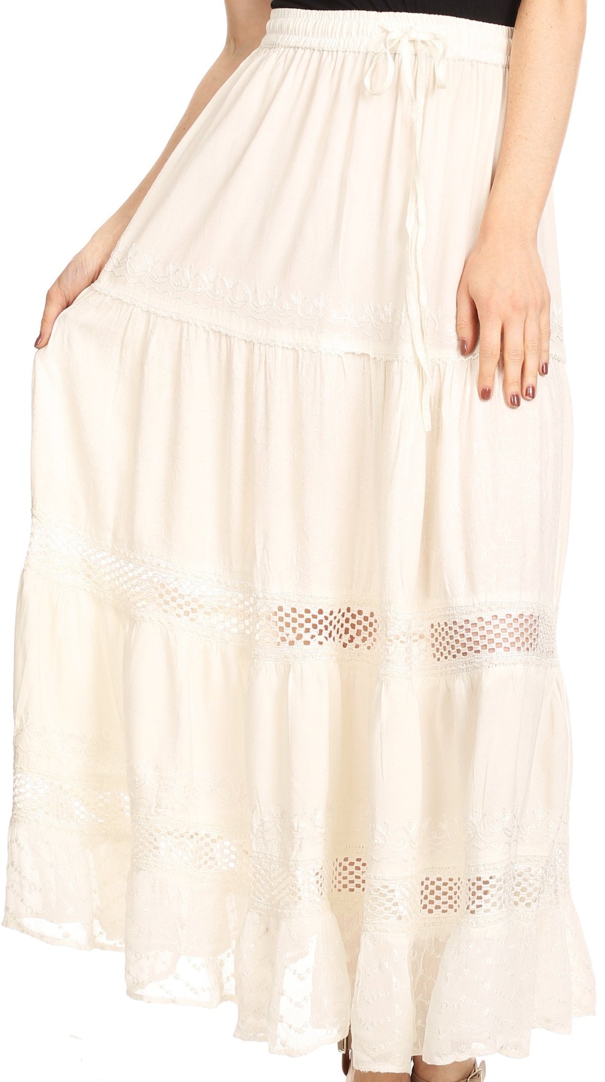 Sakkas Salina Boho Maxi Skirt with Embroidery and Crochet Lace Adjustable Waist