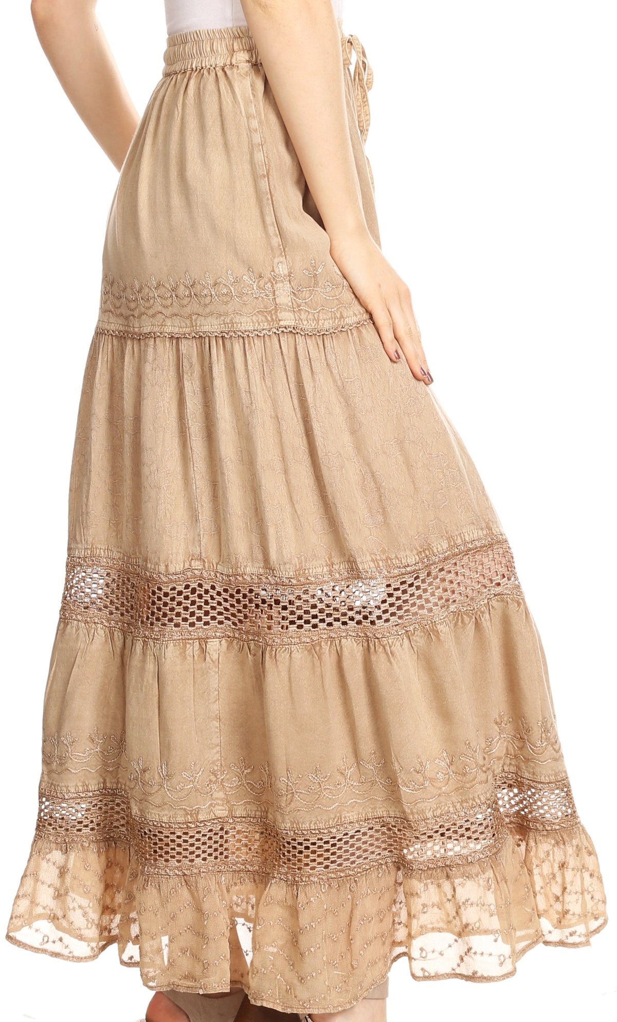 Sakkas Salina Boho Maxi Skirt with Embroidery and Crochet Lace Adjustable Waist